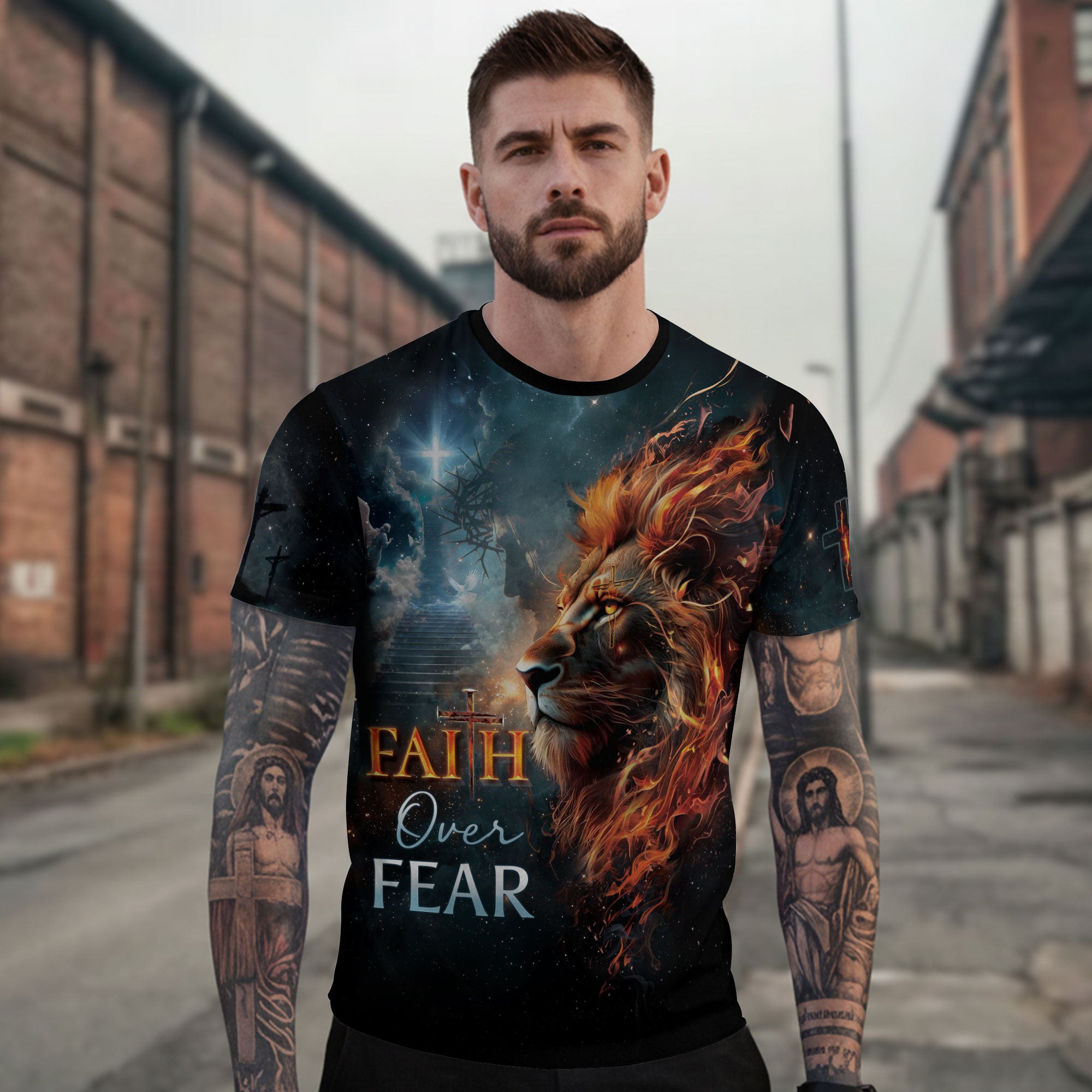 Faith Over Fear Christian T-Shirt Lion Cross Fire Galaxy Design
