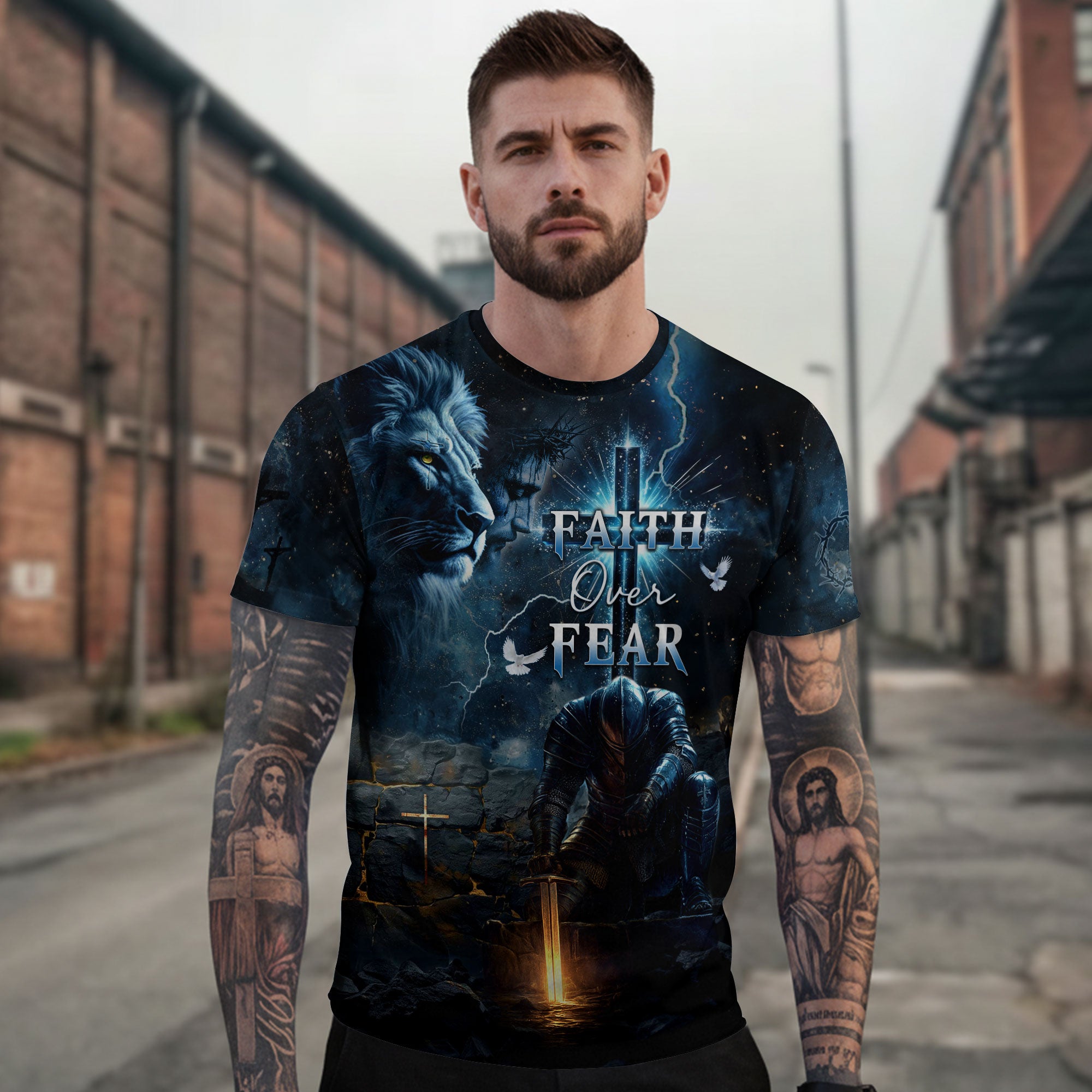 Faith Over Fear Christian T-Shirt Lion Cross Warrior Blue Night Design