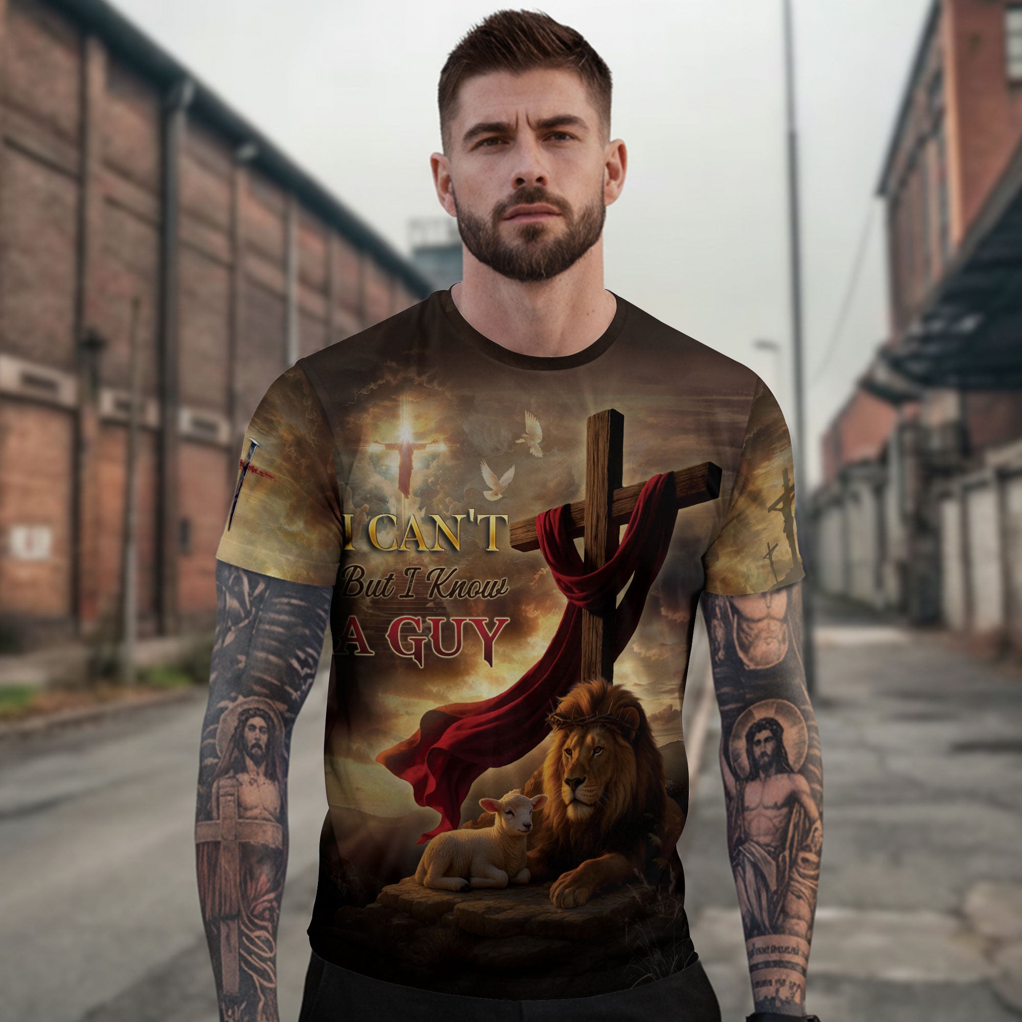 I Can’t But I Know A Guy Christian T-Shirt Jesus Lion Cross Design Religious