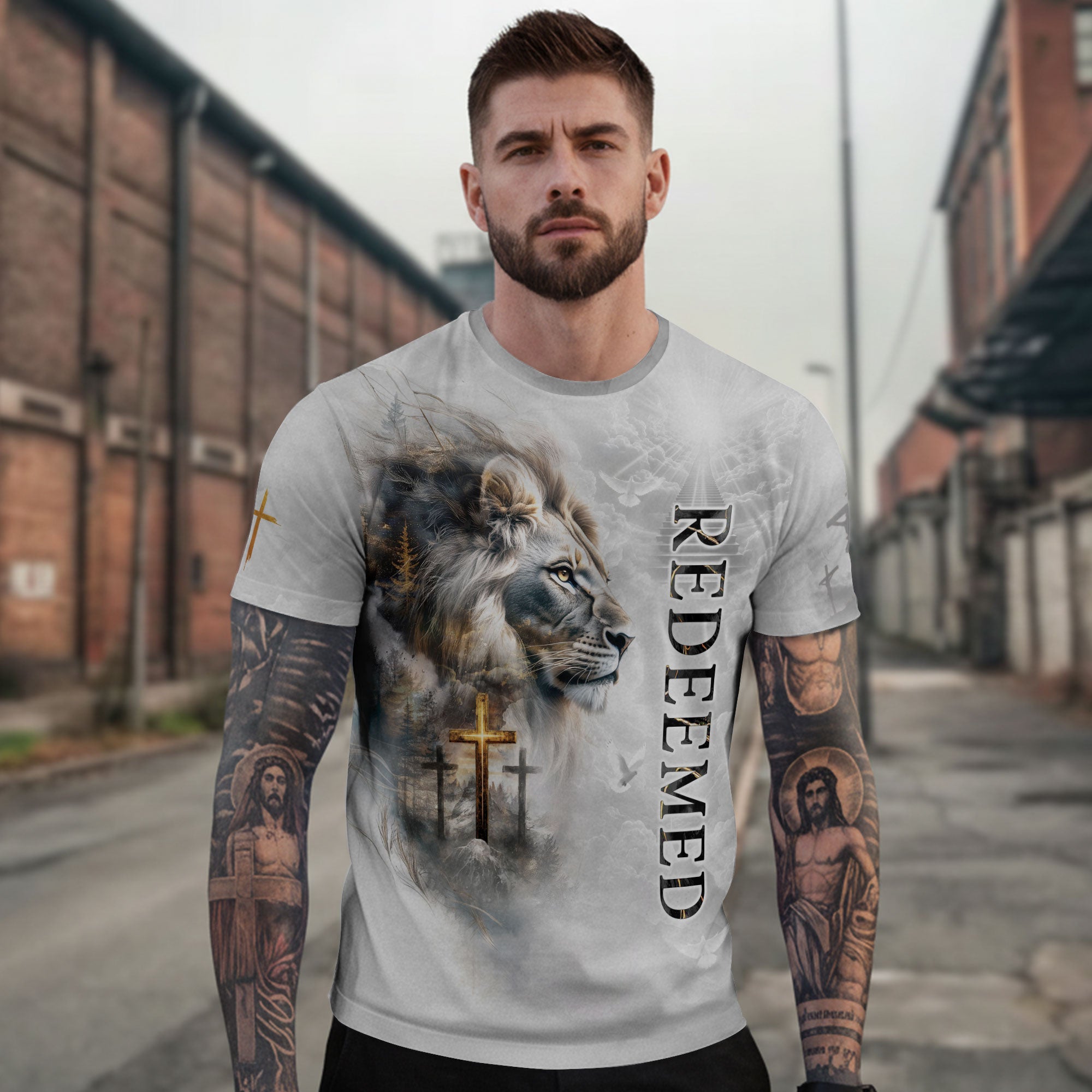 Redeemed Christian T-Shirt Lion Cross White Heaven Design