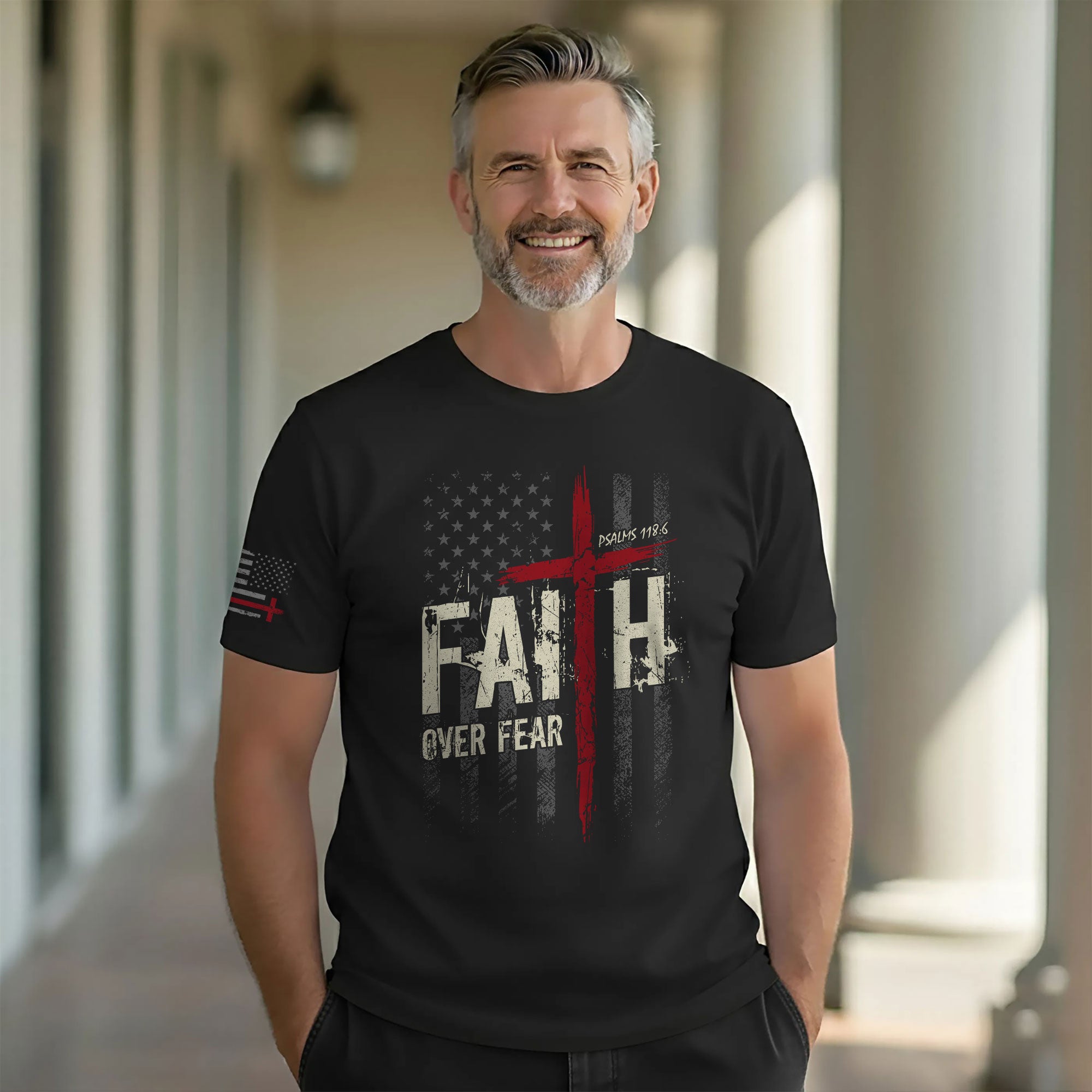 Faith Over Fear Psalms 118 6 Red Cross American Flag Christian T-Shirt