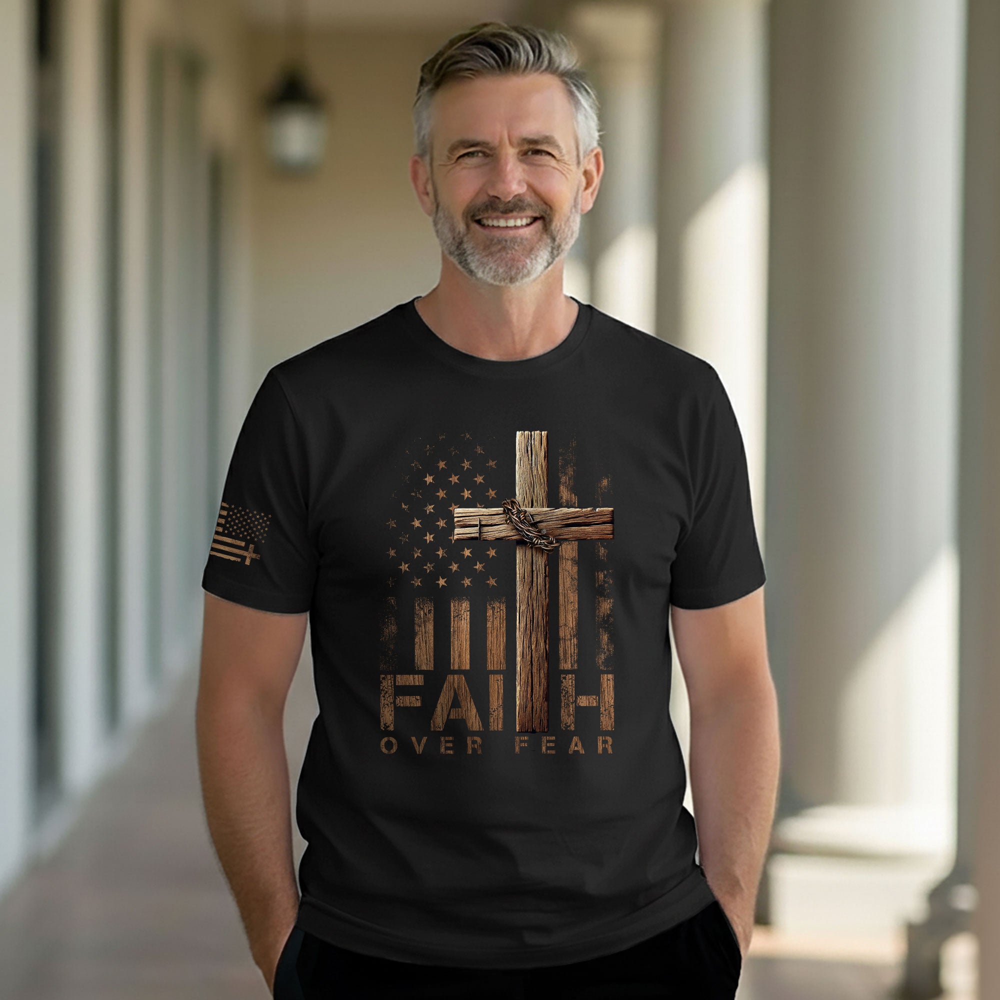 Faith Over Fear Wooden Cross American Flag Christian T-Shirt