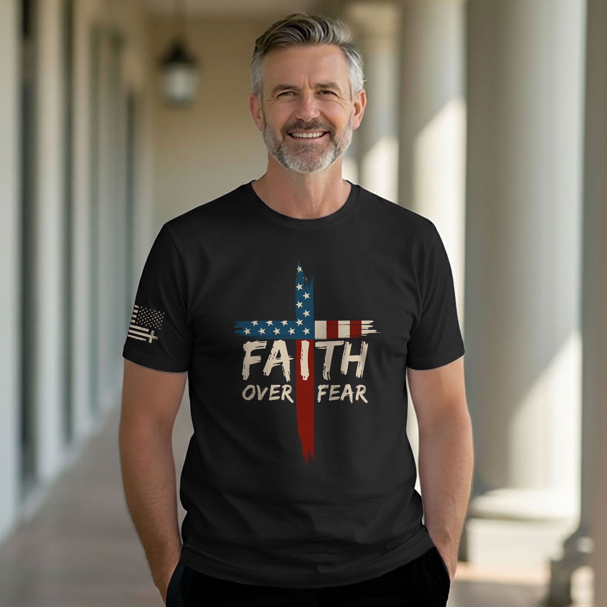 Faith Over Fear USA Flag Cross Christian T-Shirt
