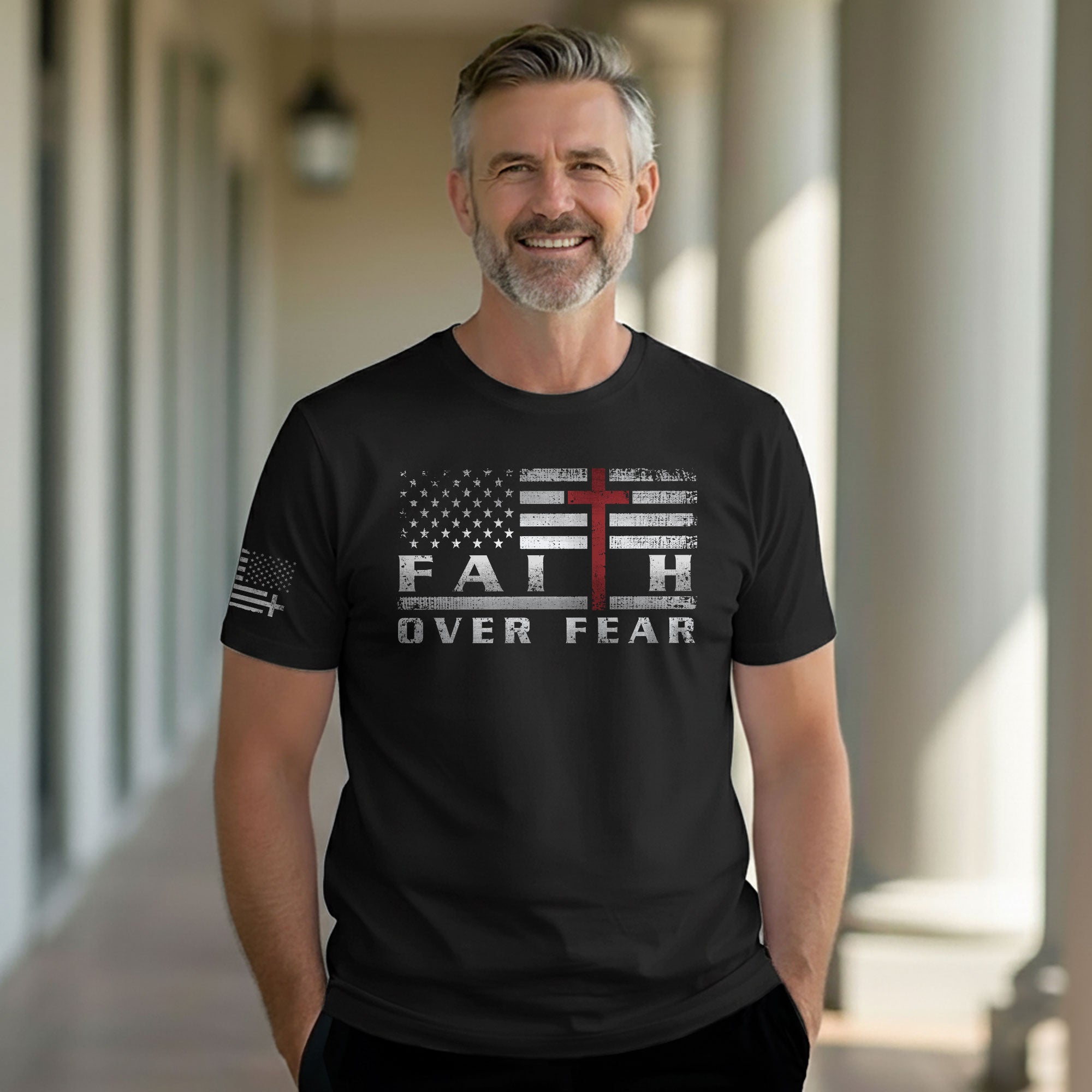Faith Over Fear USA Flag Red Cross Christian T-Shirt