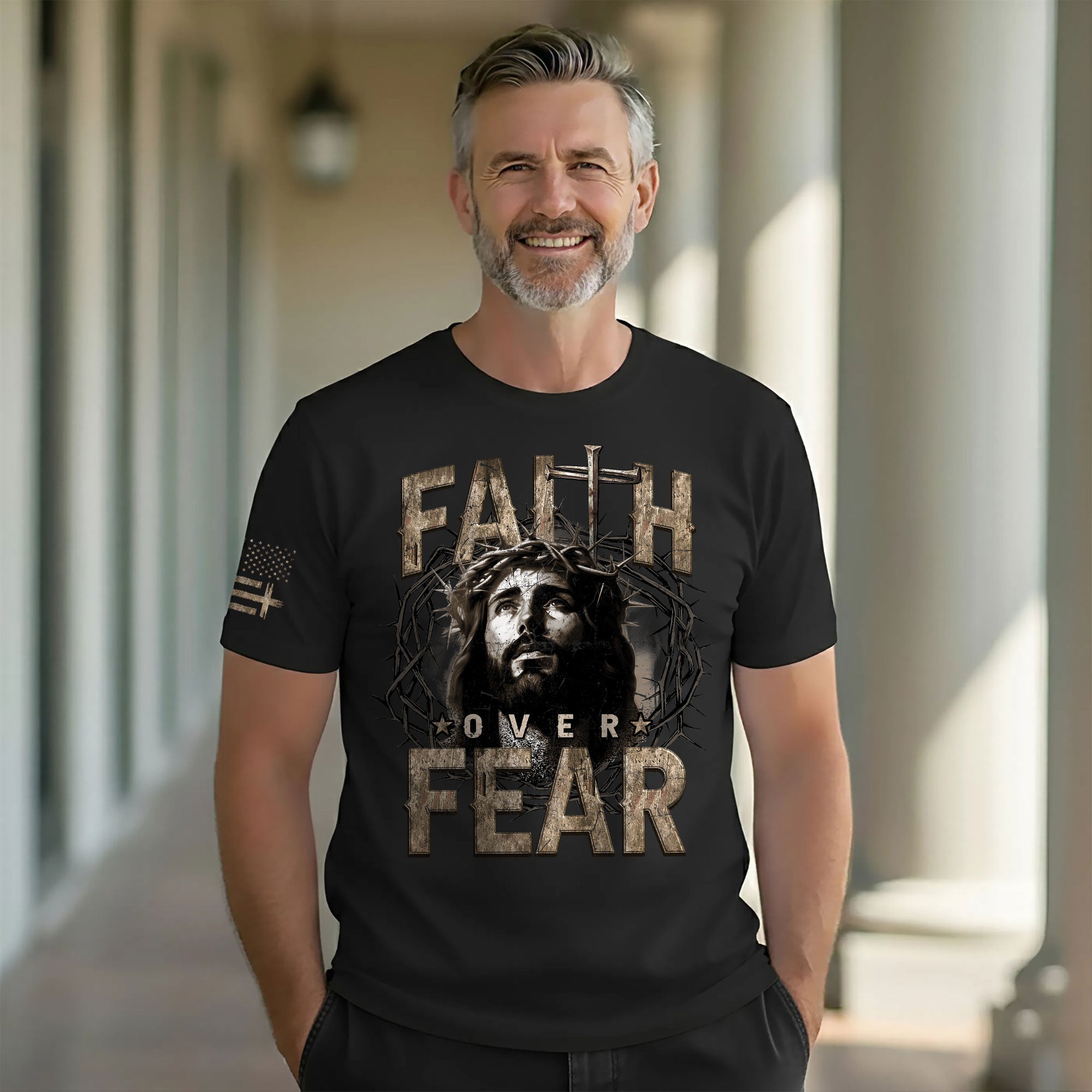 Faith Over Fear Christian T-Shirt Jesus Crown Cross Design