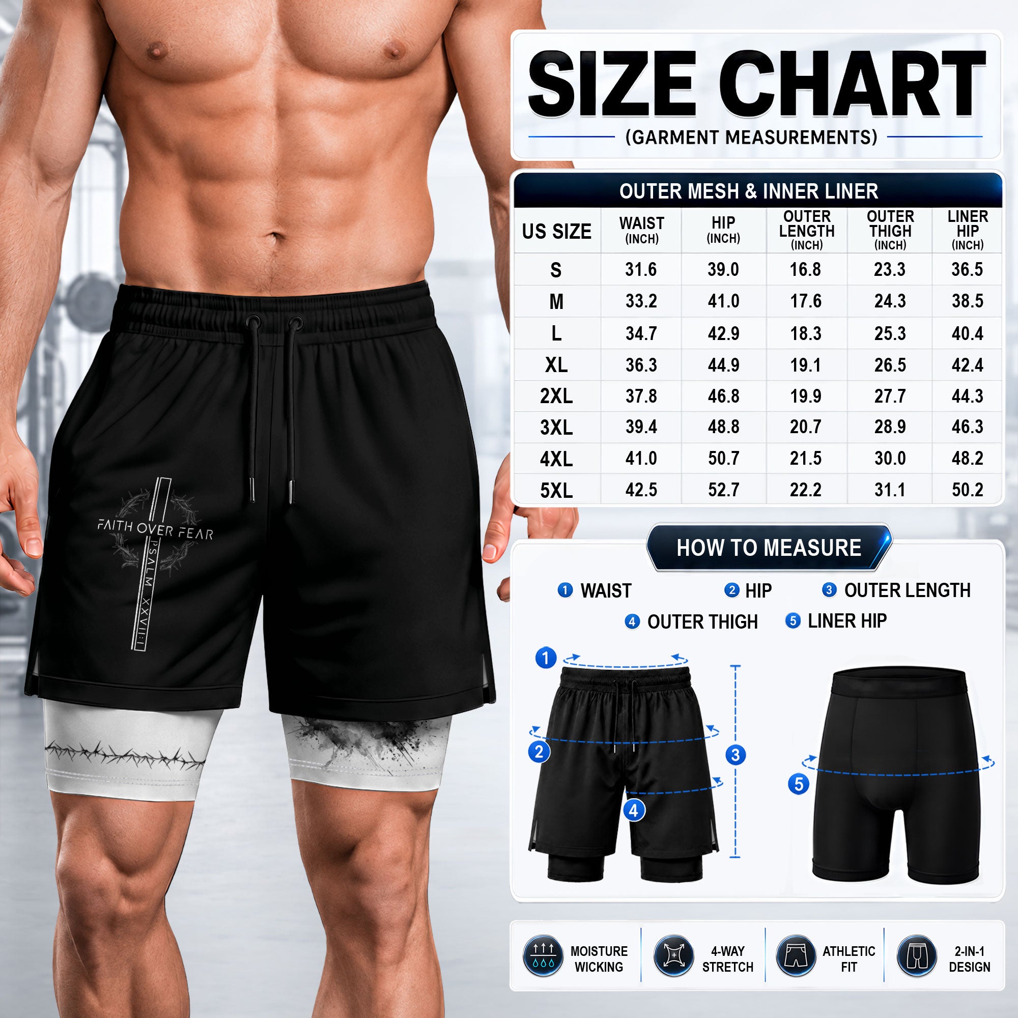 Faith Over Fear Christian Gym Shorts for Men Psalms 27:1 Cross Design - Rust Field Wear
