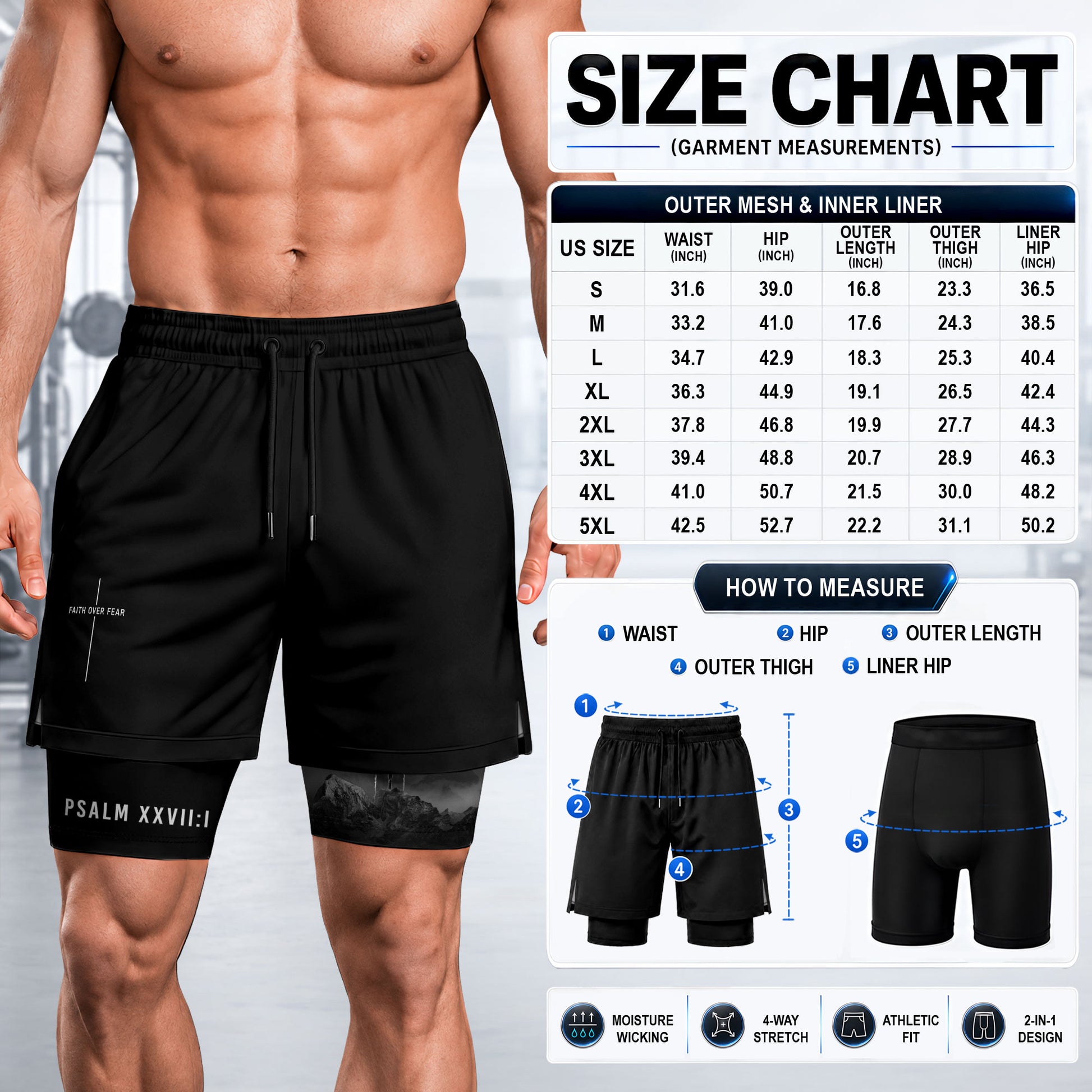 Faith Over Fear Christian Gym Shorts for Men Lion Cross Psalms 27:1 - Rust Field Wear