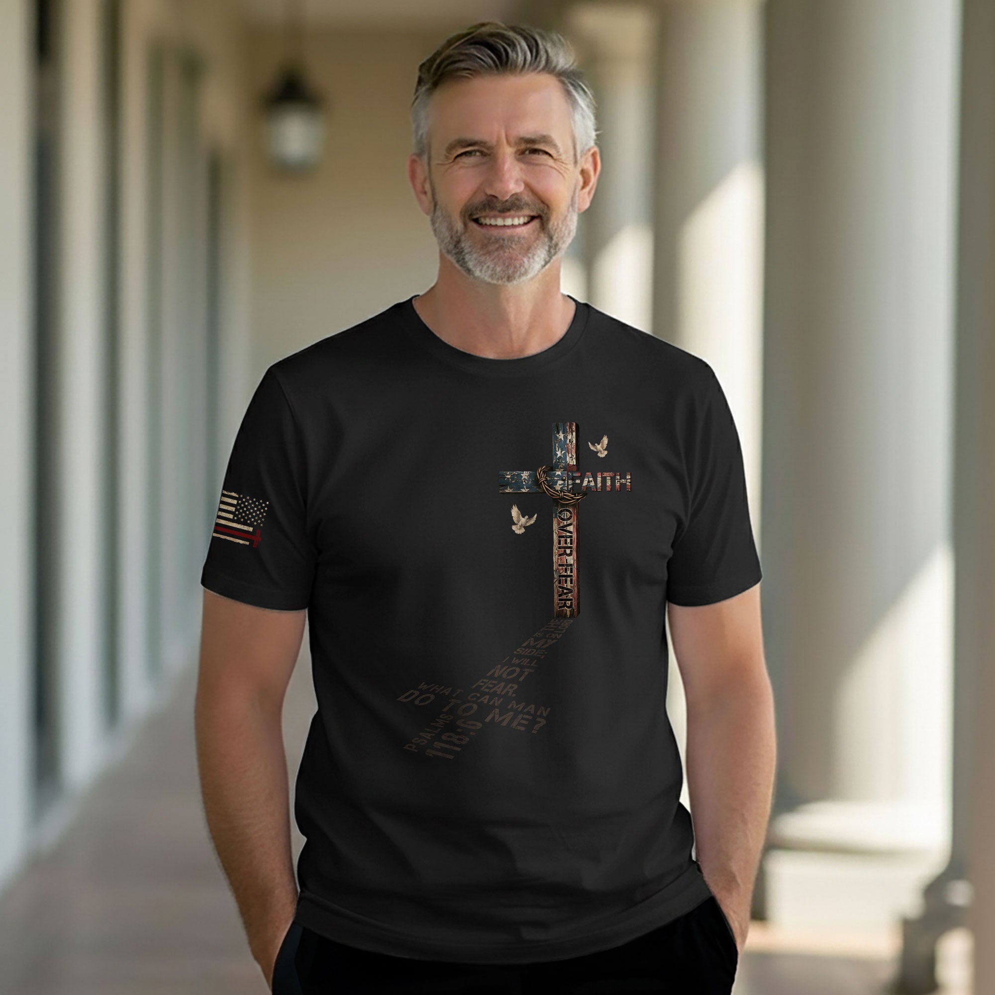 Faith Over Fear Cross American Flag Christian T-Shirt Psalm 118:6 Design