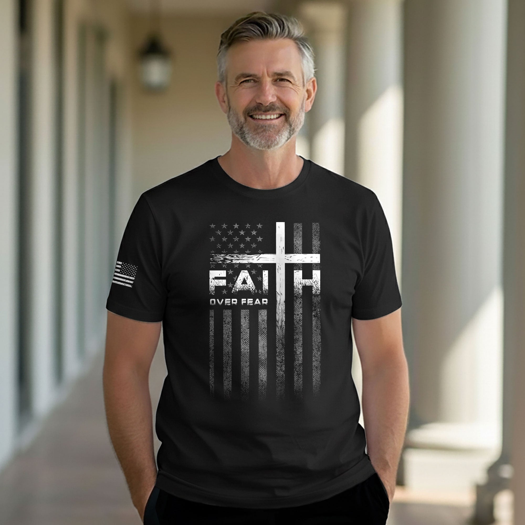 Faith Over Fear Christian T-Shirt Cross American Flag Design