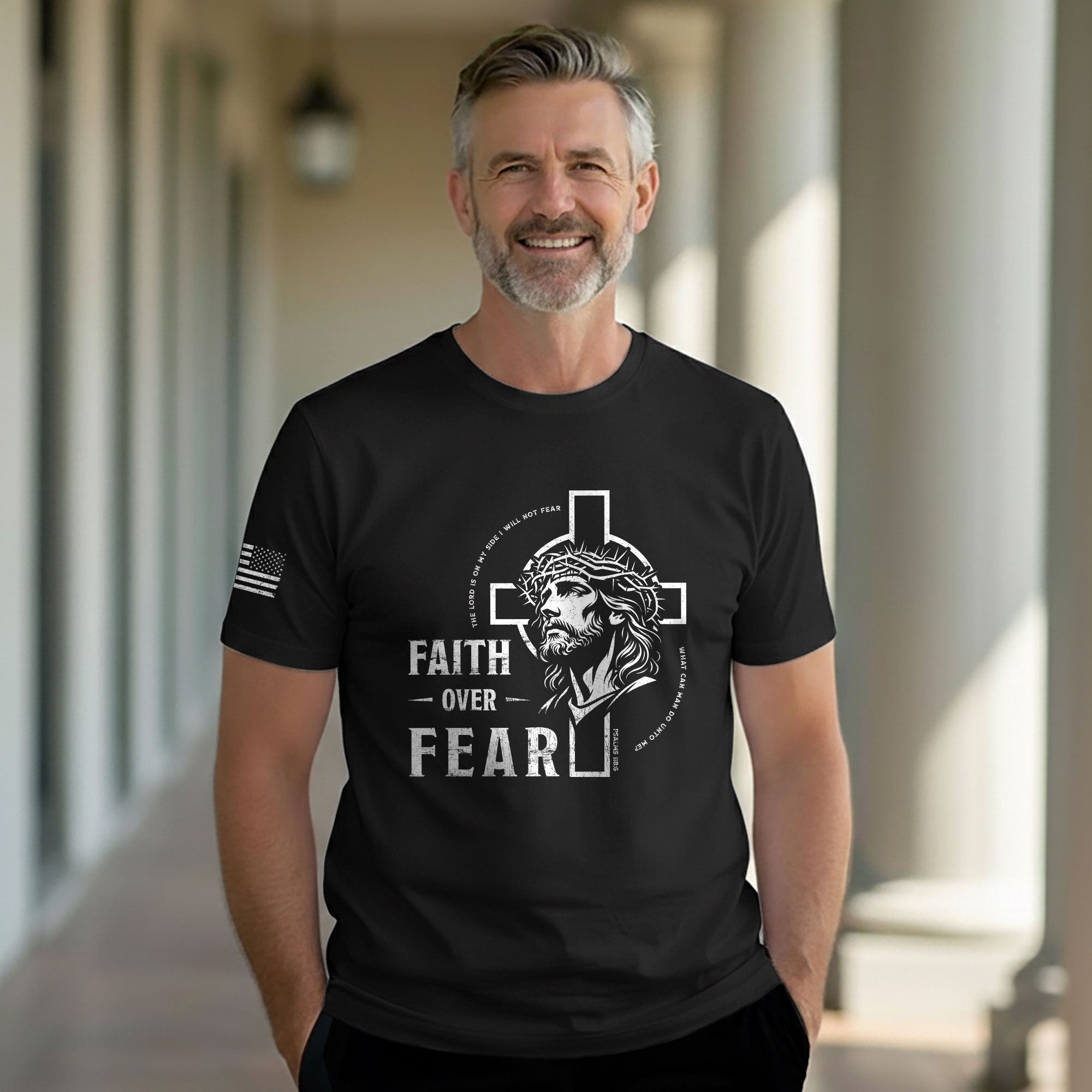 Faith Over Fear Christian T-Shirt Jesus Cross Crown of Thorns Design