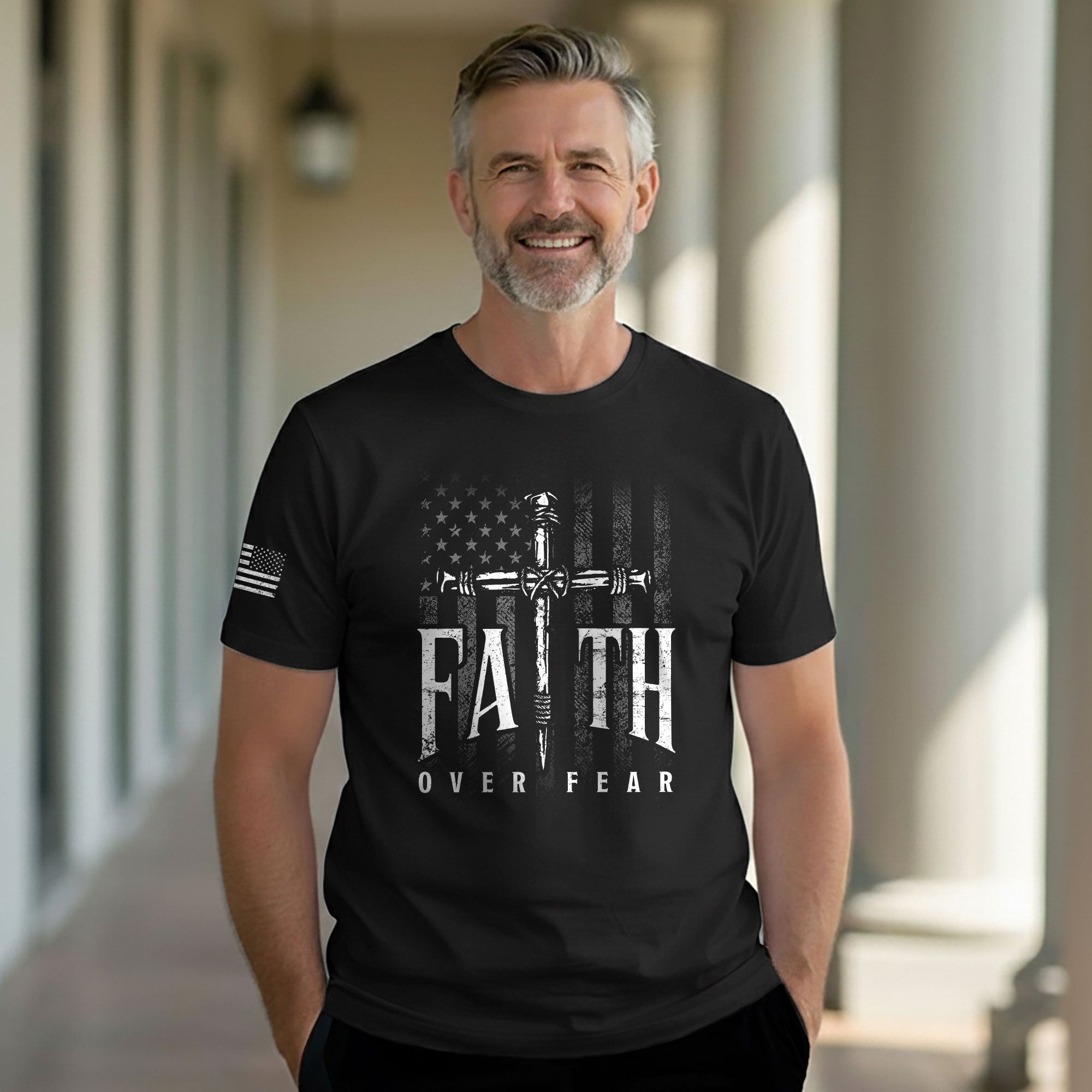 Faith Over Fear Christian T-Shirt American Flag Cross Sword Design