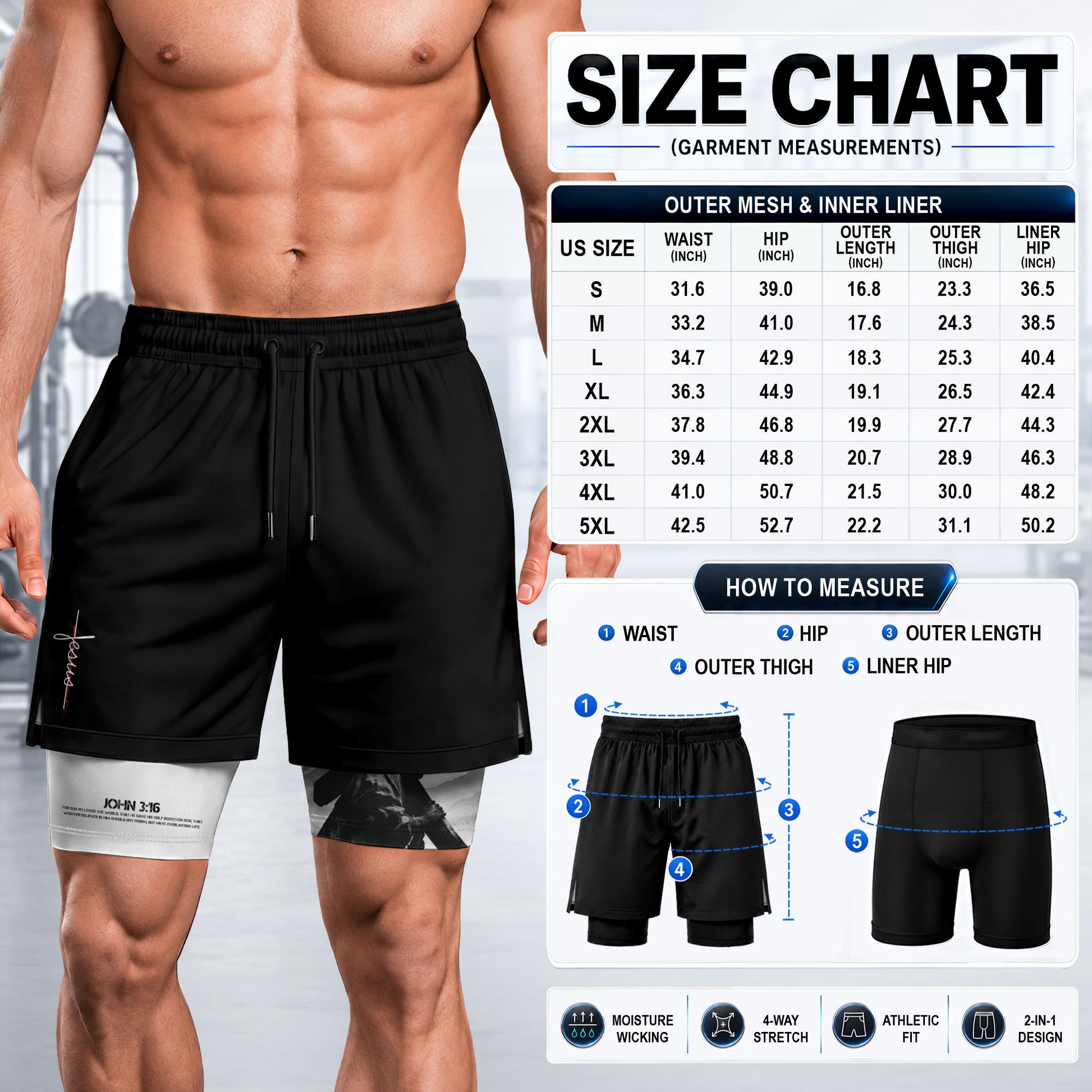 John 3:16 Christian Gym Shorts for Men with Liner Jesus Cross Design Religious - Rust Field Wear