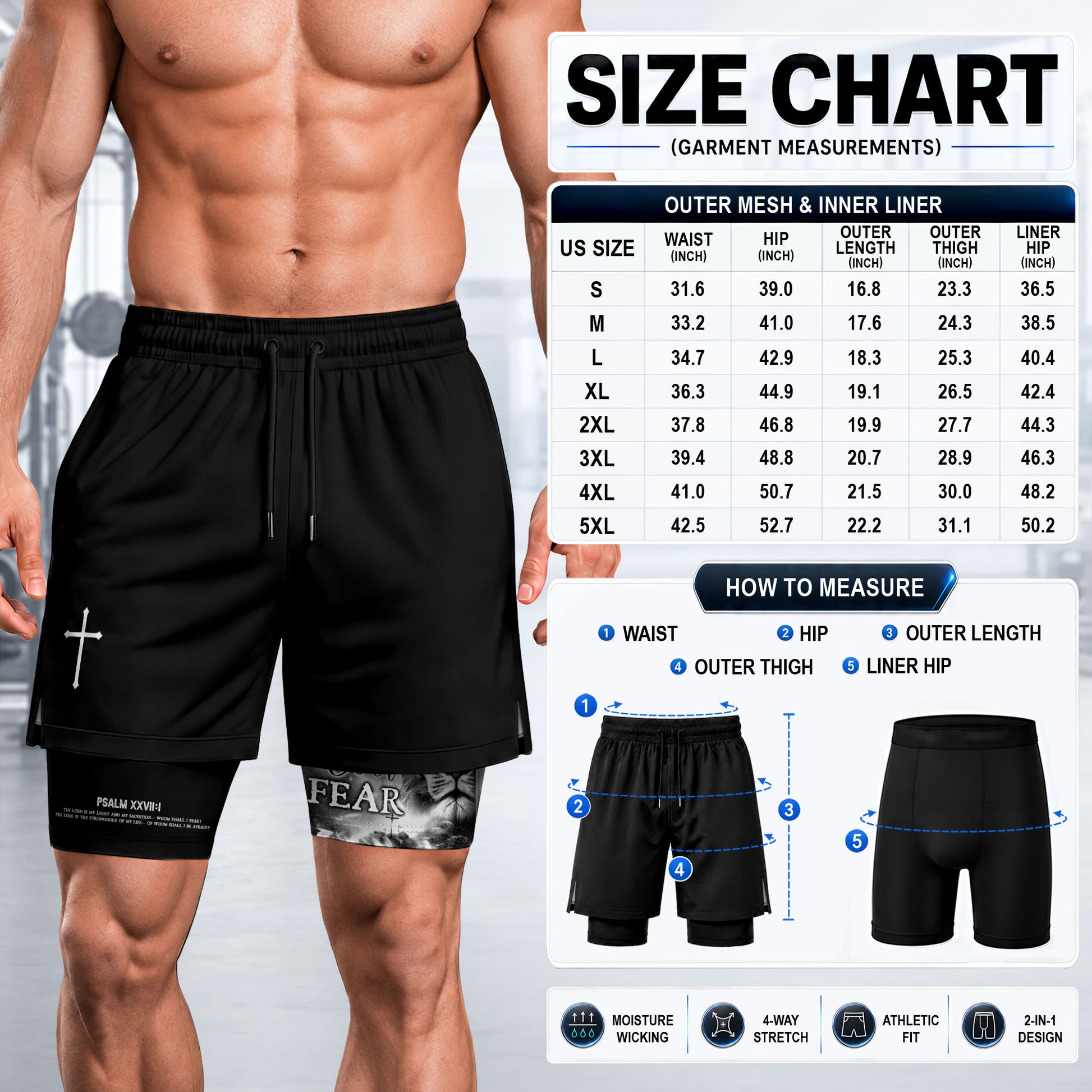 Psalm 27:1 Faith Over Fear Christian Gym Shorts for Men Warrior Cross Design - Rust Field Wear