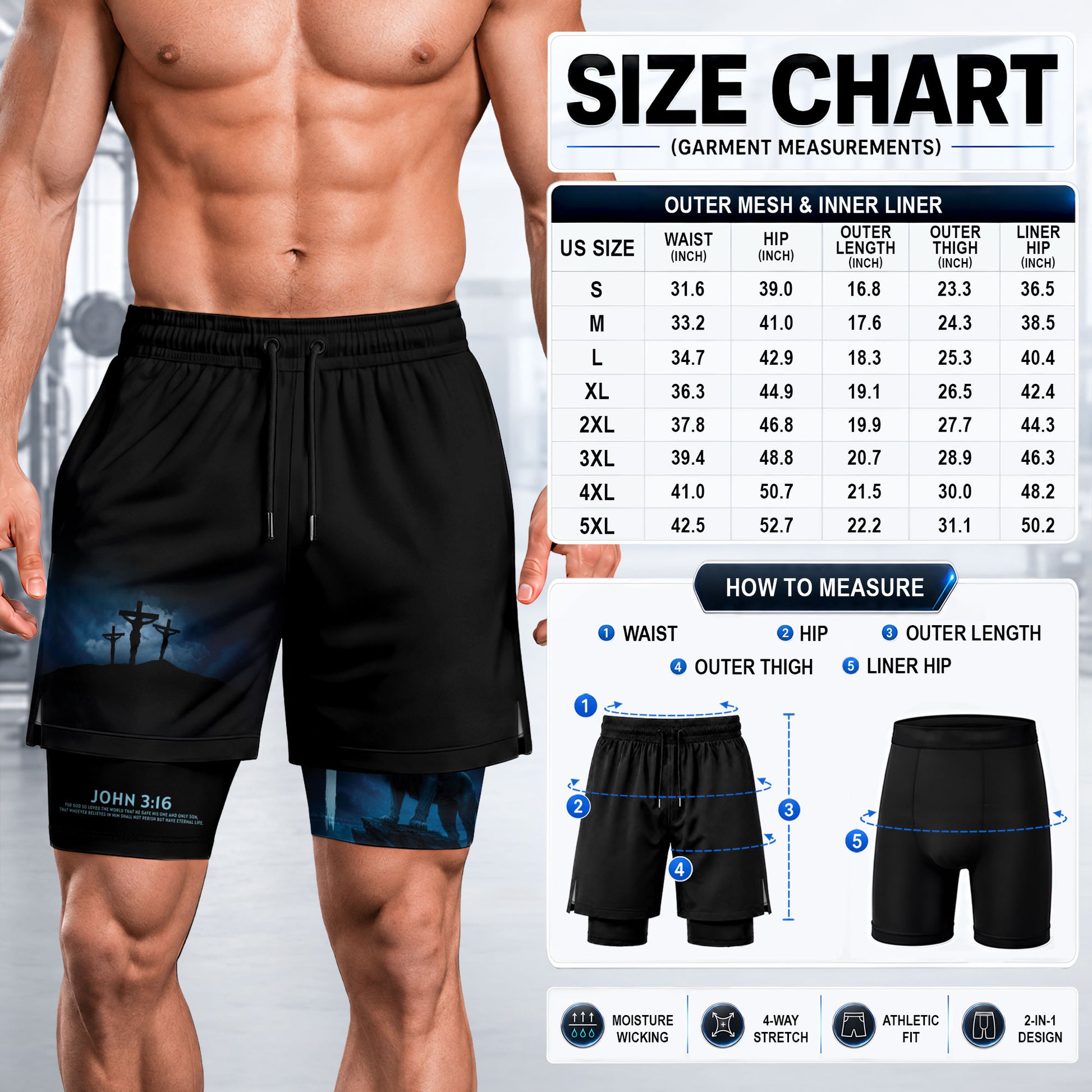 John 3:16 Christian Gym Workout Shorts Men Lion Cross Bible Verse Blue - Rust Field Wear
