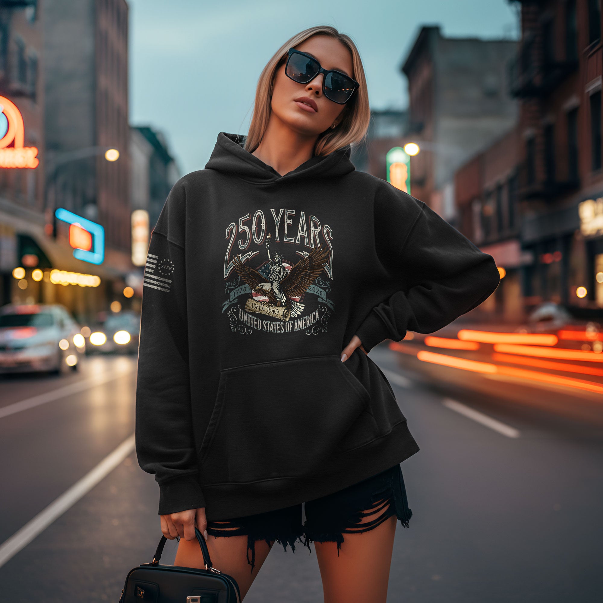 USA 250th Anniversary Hoodie 1776–2026, Patriotic Flaming Eagle Design Celebrating 250 Years - Rust Field Wear