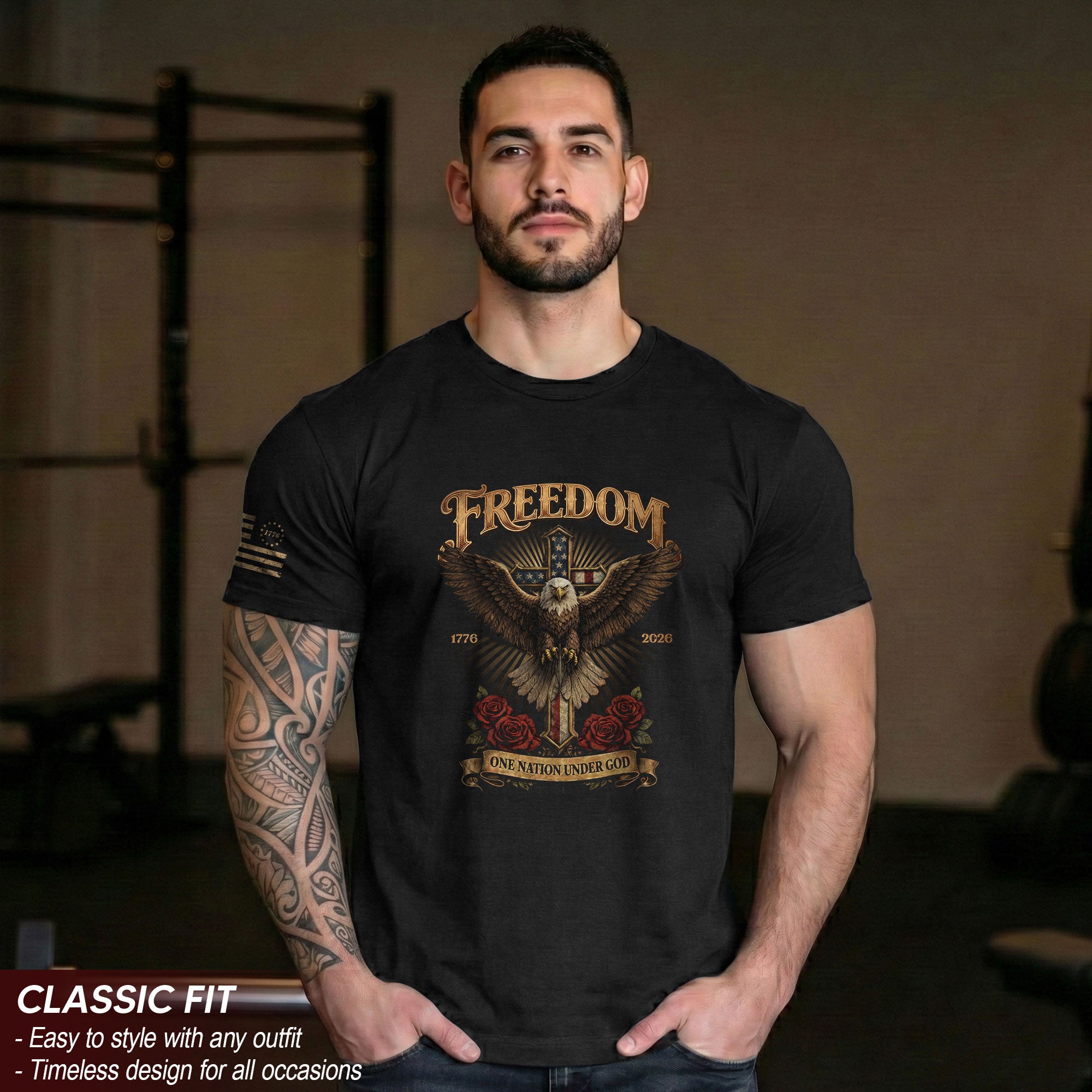 America 250 years Freedom Eagle and Christian Cross T Shirt - One Nation Under God Semiquincentennial Tee