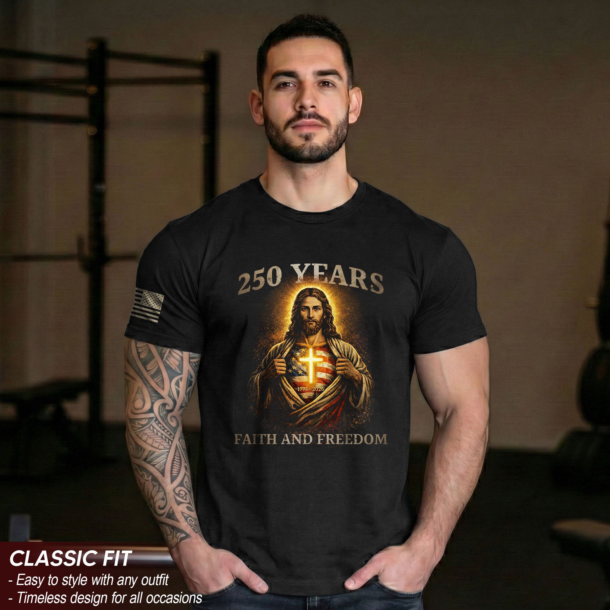 250th Anniversary 250 Years Christian Shirt - Patriotic Jesus with American Flag Heart & Glowing Cross Design