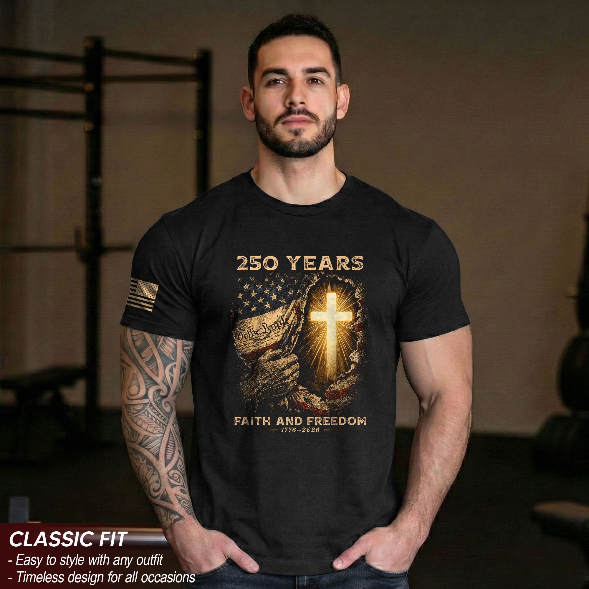 250th Anniversary Patriotic Shirt - Faith and Freedom Glowing Cross Christian Design