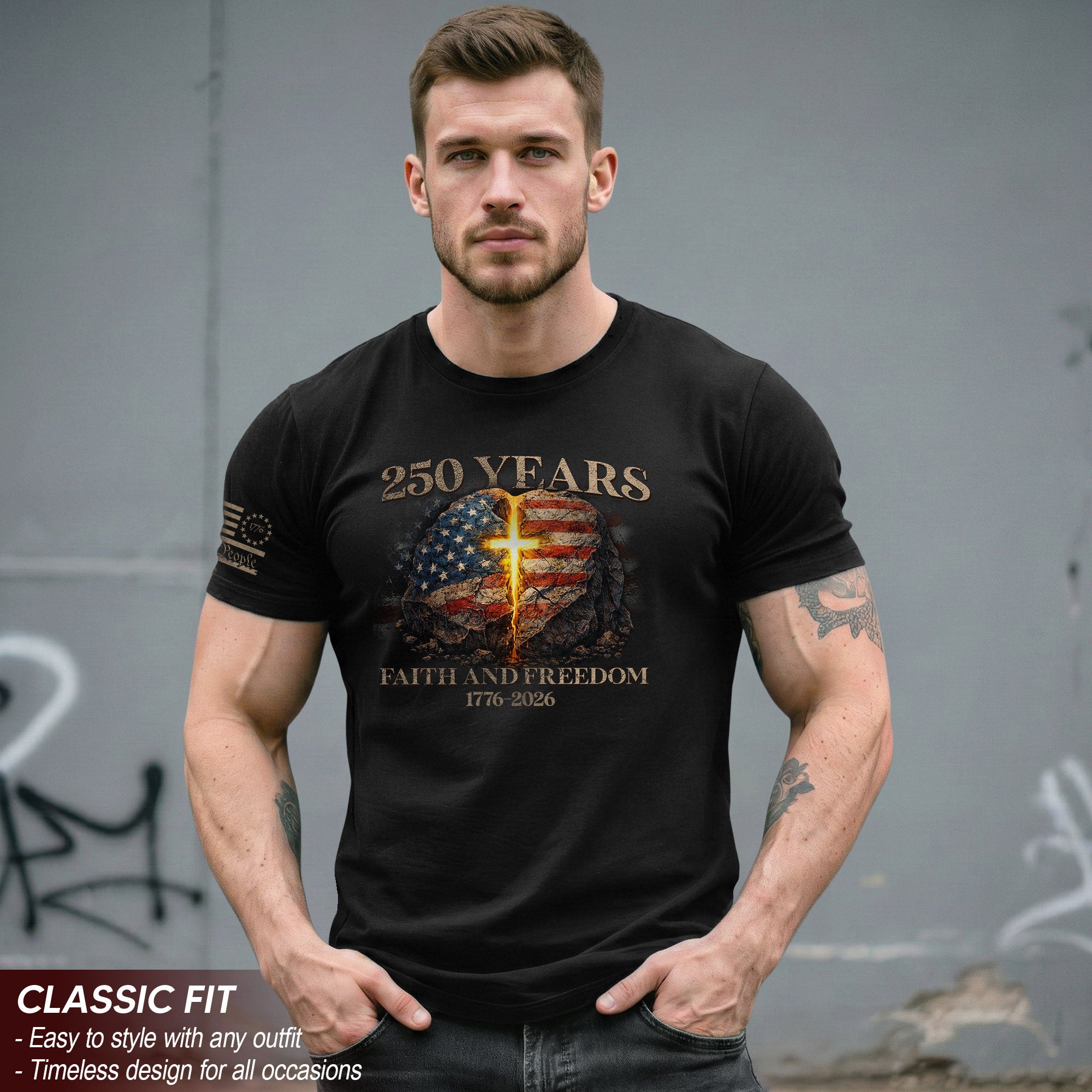Faith and Freedom 250 Years T-Shirt - Glowing Cross & American Flag Rock Graphic Tee
