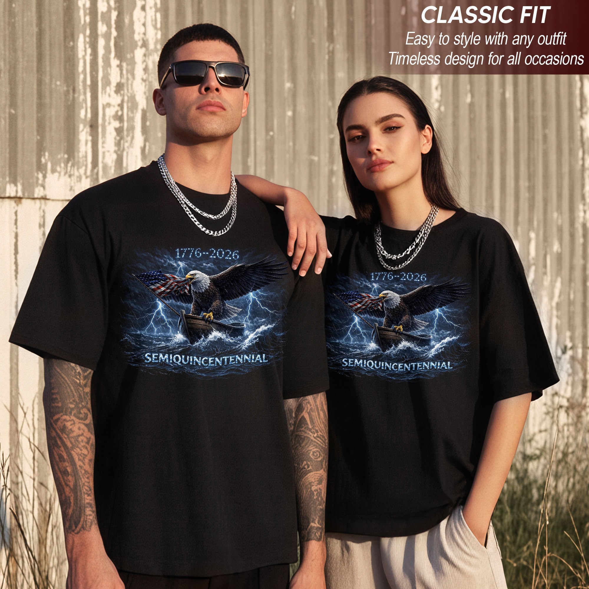 1776–2026 Semiquincentennial Bootleg Eagle Tee – Storm Flag Graphic 250 Years of America