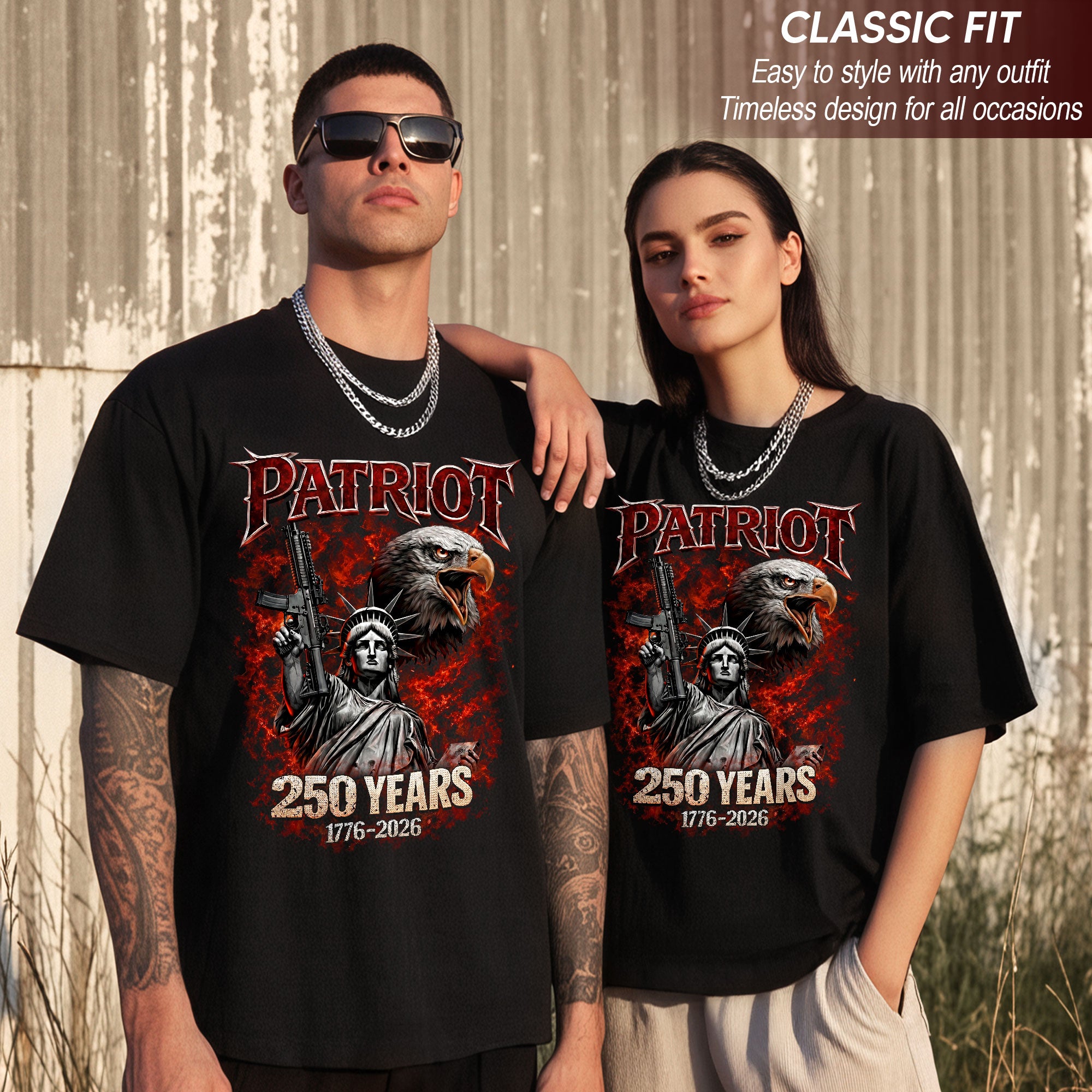 Patriot 250 Years Bootleg Tee – Liberty, Eagle & Firepower Street Graphic