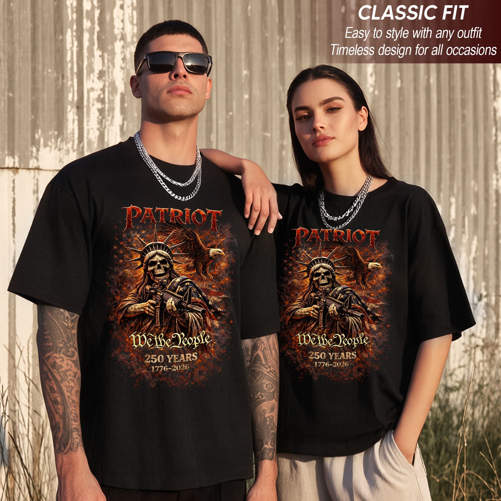 Patriot We The People Bootleg Tee – Skull Liberty, Eagle & 250 Years Street Art