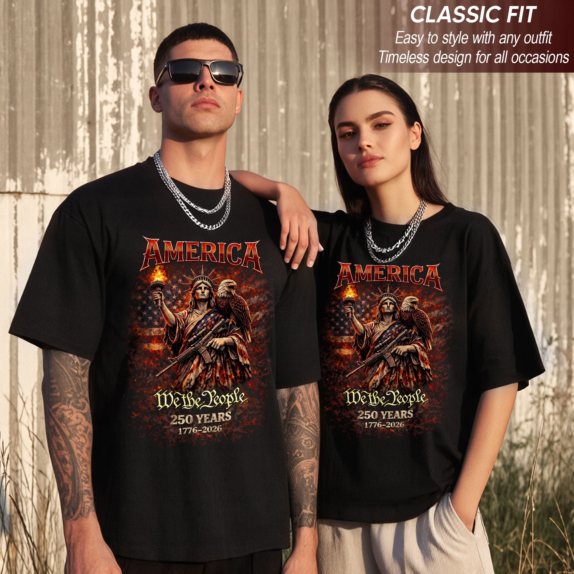 America We The People Bootleg Tee – Torch of Liberty, Eagle Power & 250 Years Raw