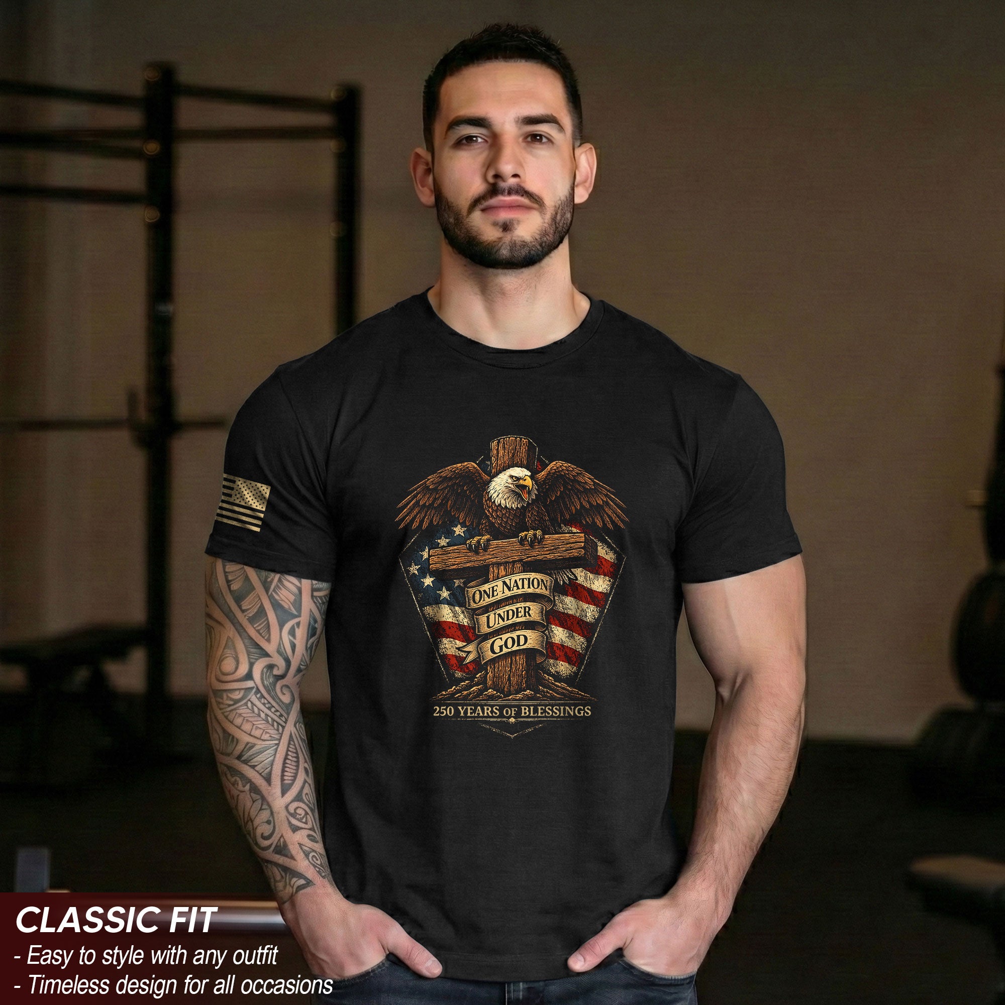American Faith 250 Years of Blessings T-Shirt - One Nation Under God Eagle & Cross Design