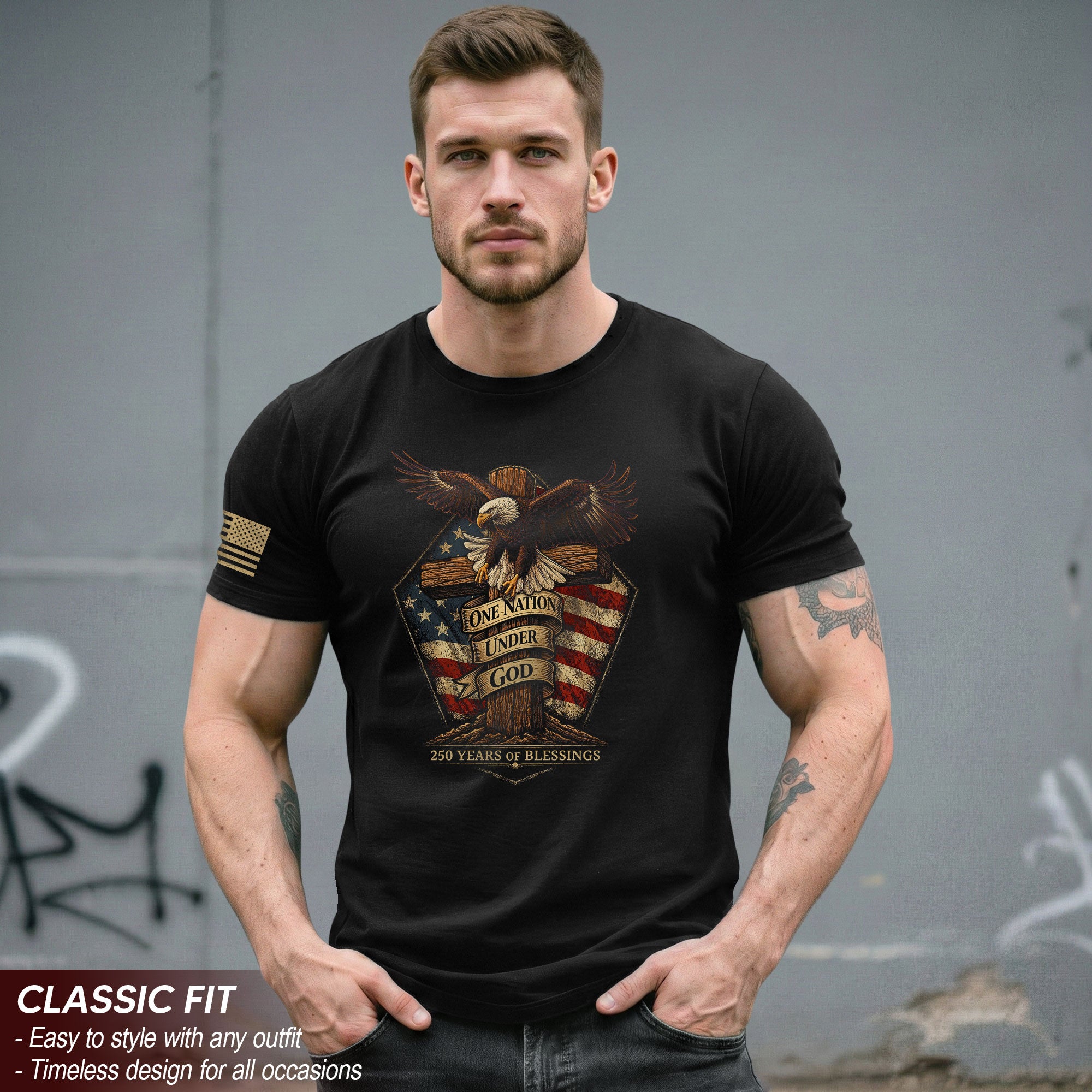 American Faith 250 Years of Blessings T-Shirt - One Nation Under God Eagle & Cross Design