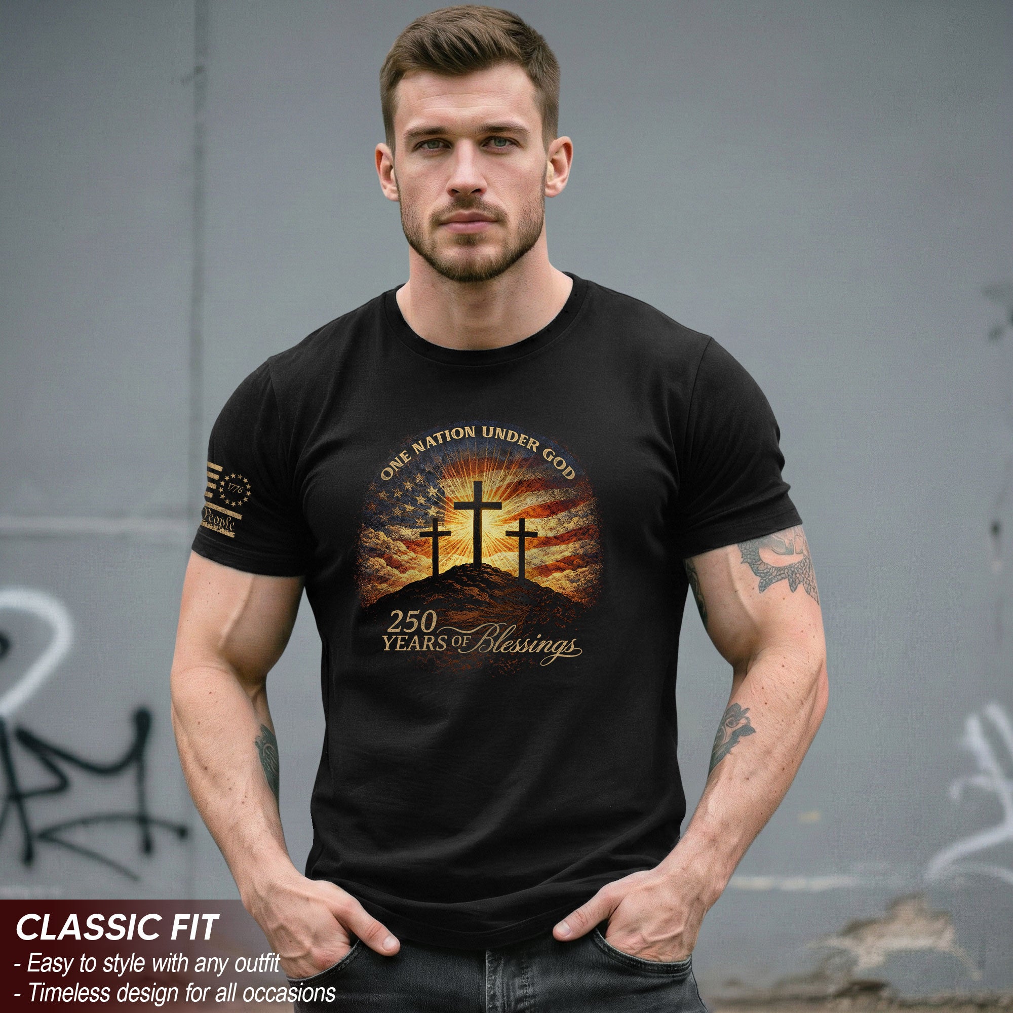 250 Years of Blessings One Nation Under God Shirt - 250th Anniversary Commemorative Crosses & Flag Tee