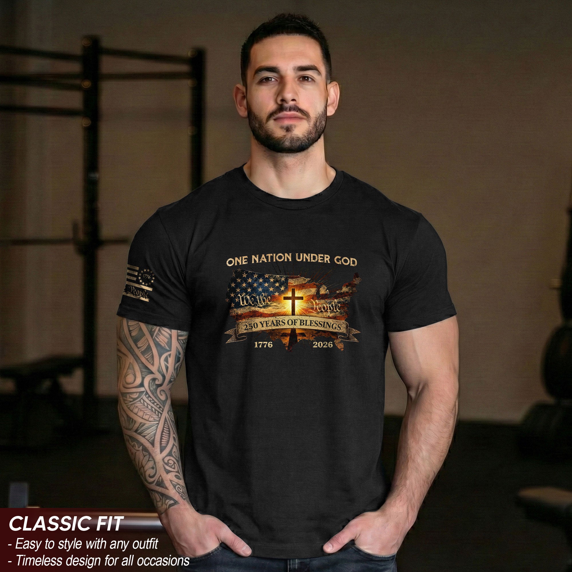 Christian Patriot 250 Years of Blessings T-Shirt - Holy Bible, "We the People" & US Flag Design