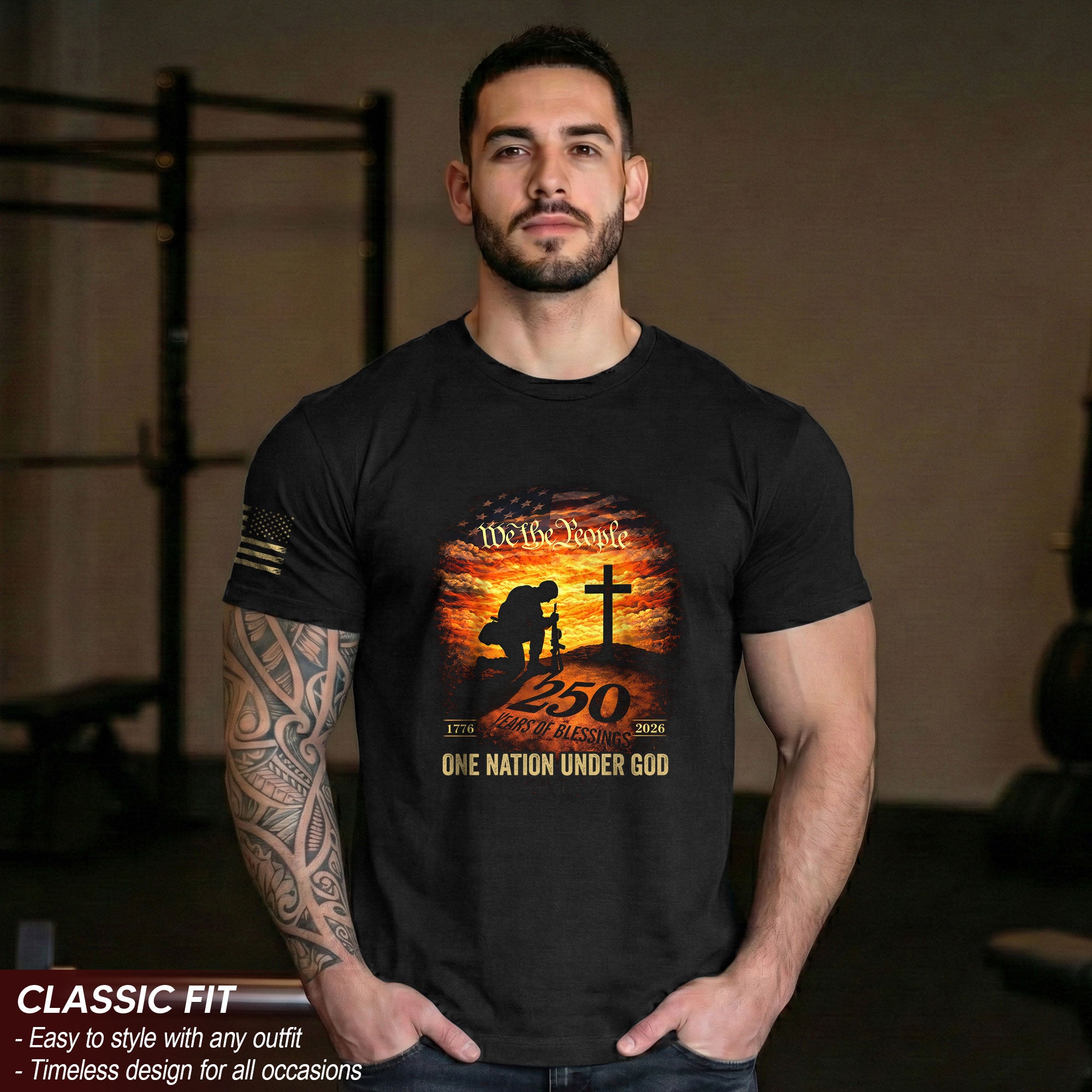 250 Years of Blessings T-Shirt - One Nation Under God Patriotic Soldier Prayer & US Flag Tee