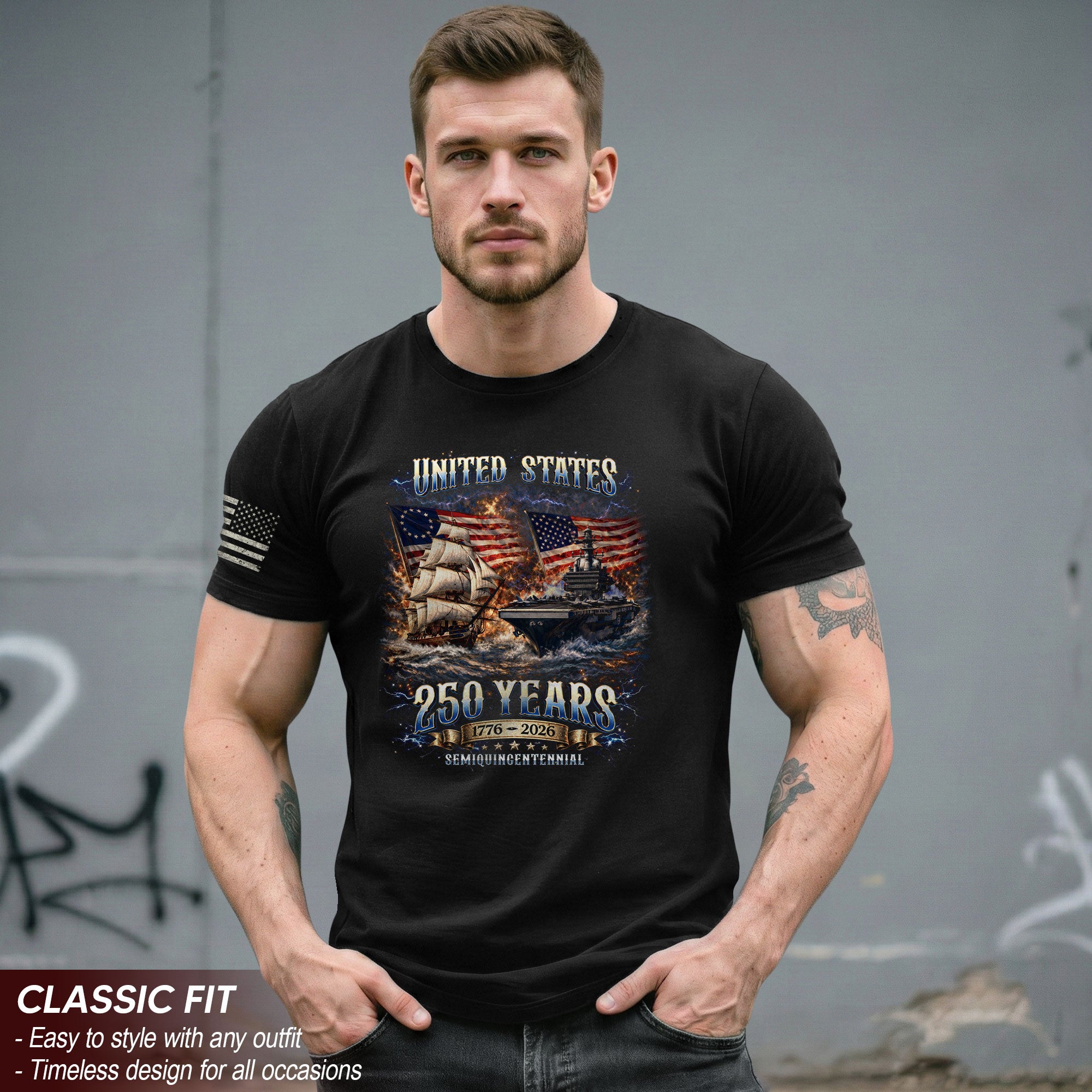 1776-2026 250th Anniversary Flag T-Shirt - 250 Years United States Navy Bootleg Tee, Semiquincentennial America Freedom Apparel