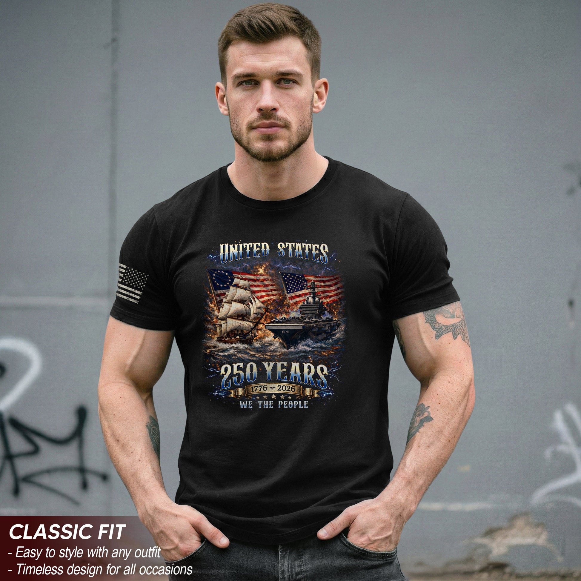 1776-2026 250th Anniversary Flag T-Shirt - 250 Years United States Navy Bootleg Tee, America 250th Birthday Freedom Apparel - Rust Field Wear