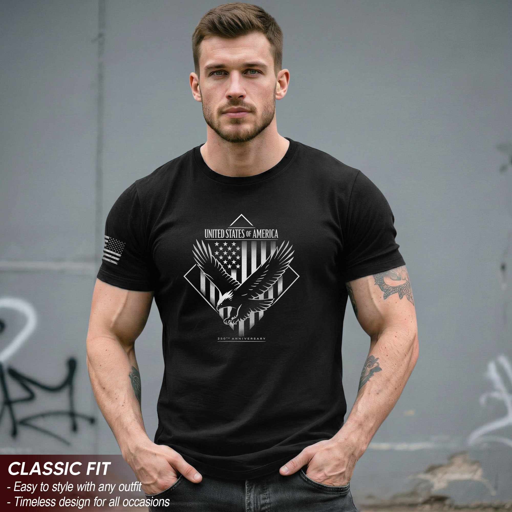 America 250th Anniversary T-Shirt - White Eagle & Flag Semiquincentennial Minimalist Men's Tee