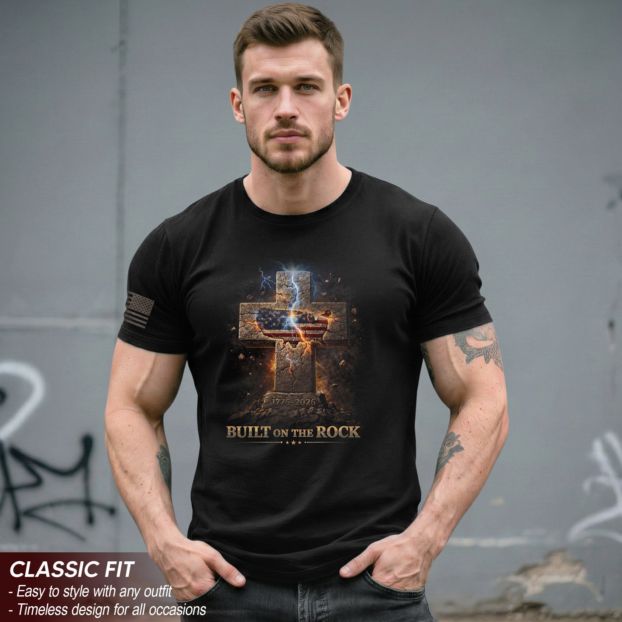 USA Semiquincentennial 250 Years Built on the Rock 1776–2026 Patriotic Christian Cross T-Shirt