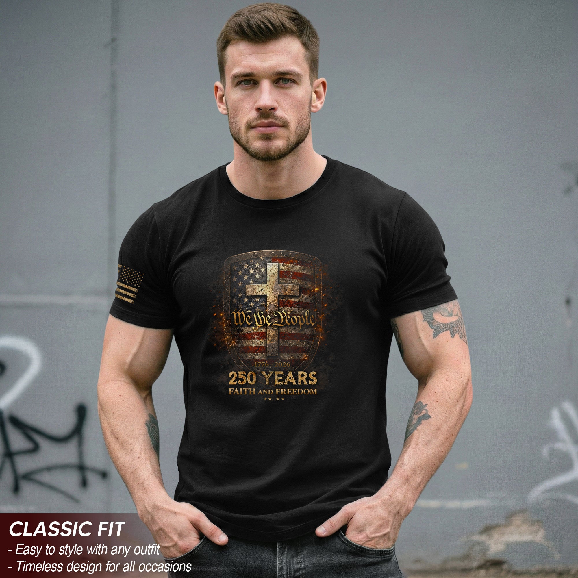America 250th Anniversary T-Shirt - 1776-2026 We the People Shield Tee, 250 Years Faith and Freedom Patriotic Shirt