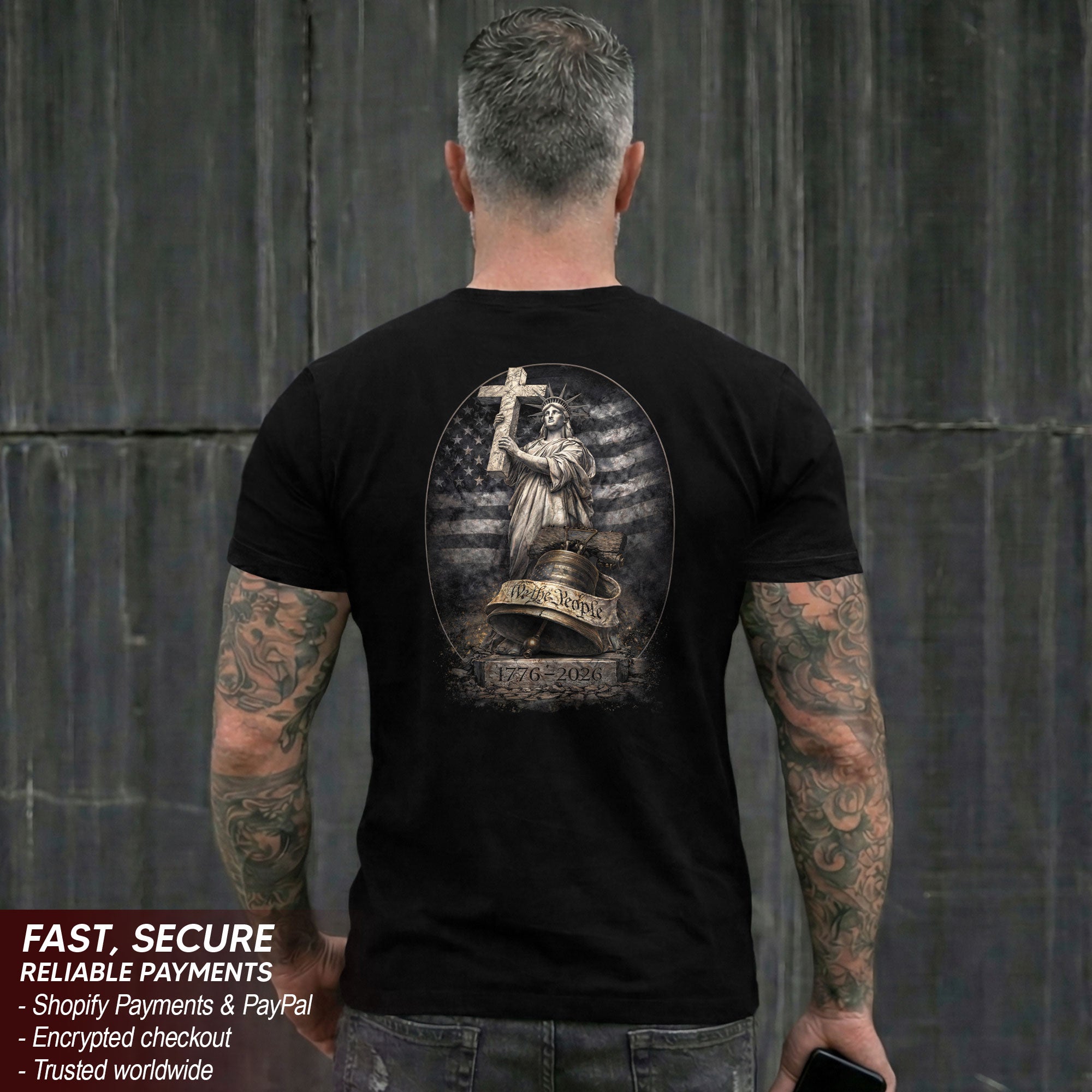 USA 250th Anniversary 1776-2026 Semiquincentennial T-Shirt – Lady Liberty Cross We The People Freedom Patriotic Flag Tee