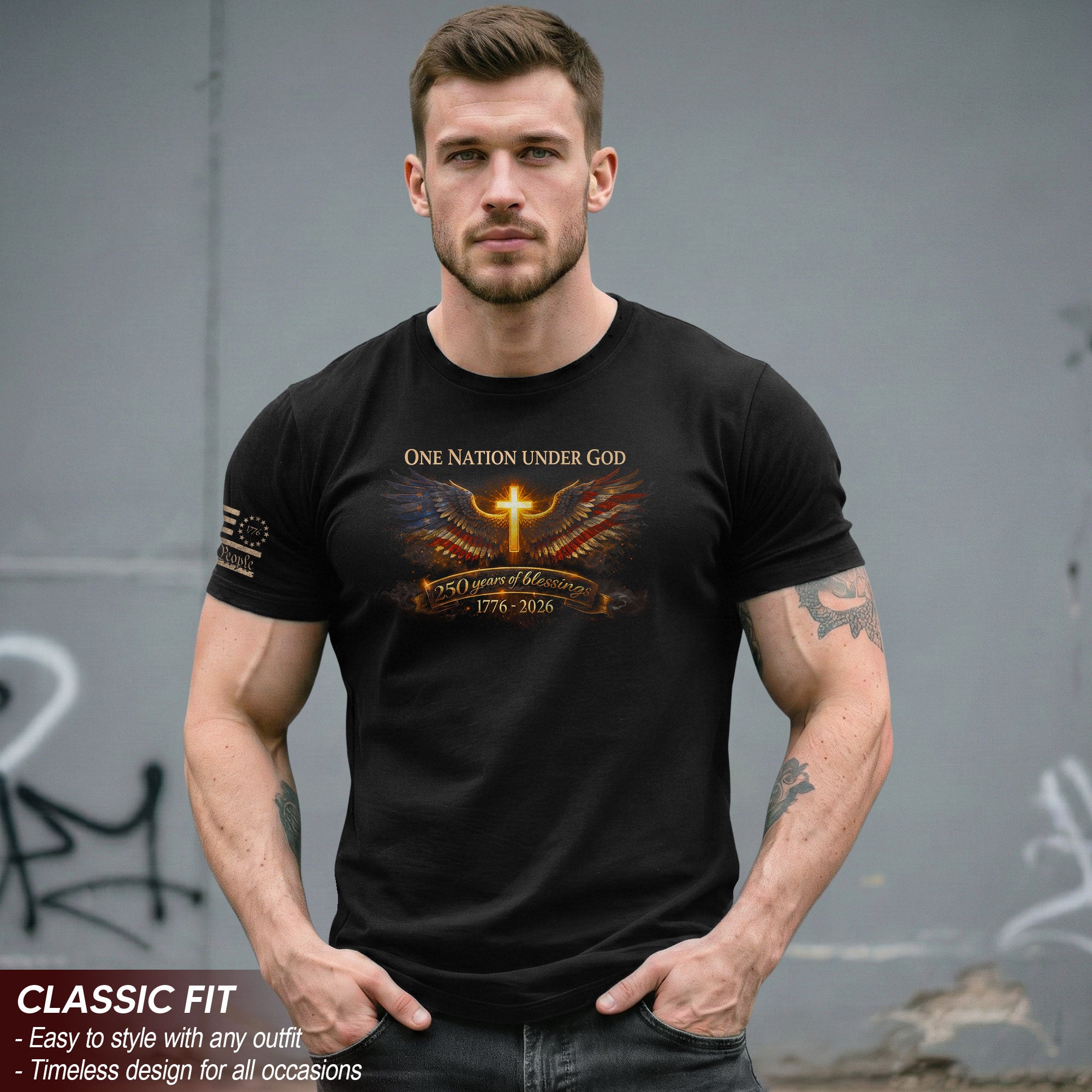 America 250th Anniversary 1776-2026 Semiquincentennial Shirt – One Nation Under God 250 Years Eagle Wing Cross Patriotic Tee