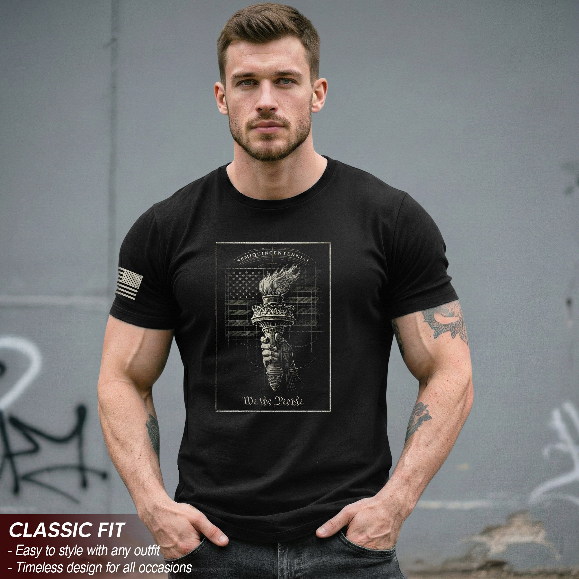 America 250th Anniversary 1776-2026 Semiquincentennial T-Shirt – Retro We The People Statue of Liberty Torch Patriotic Men's Hoodie Style Tee