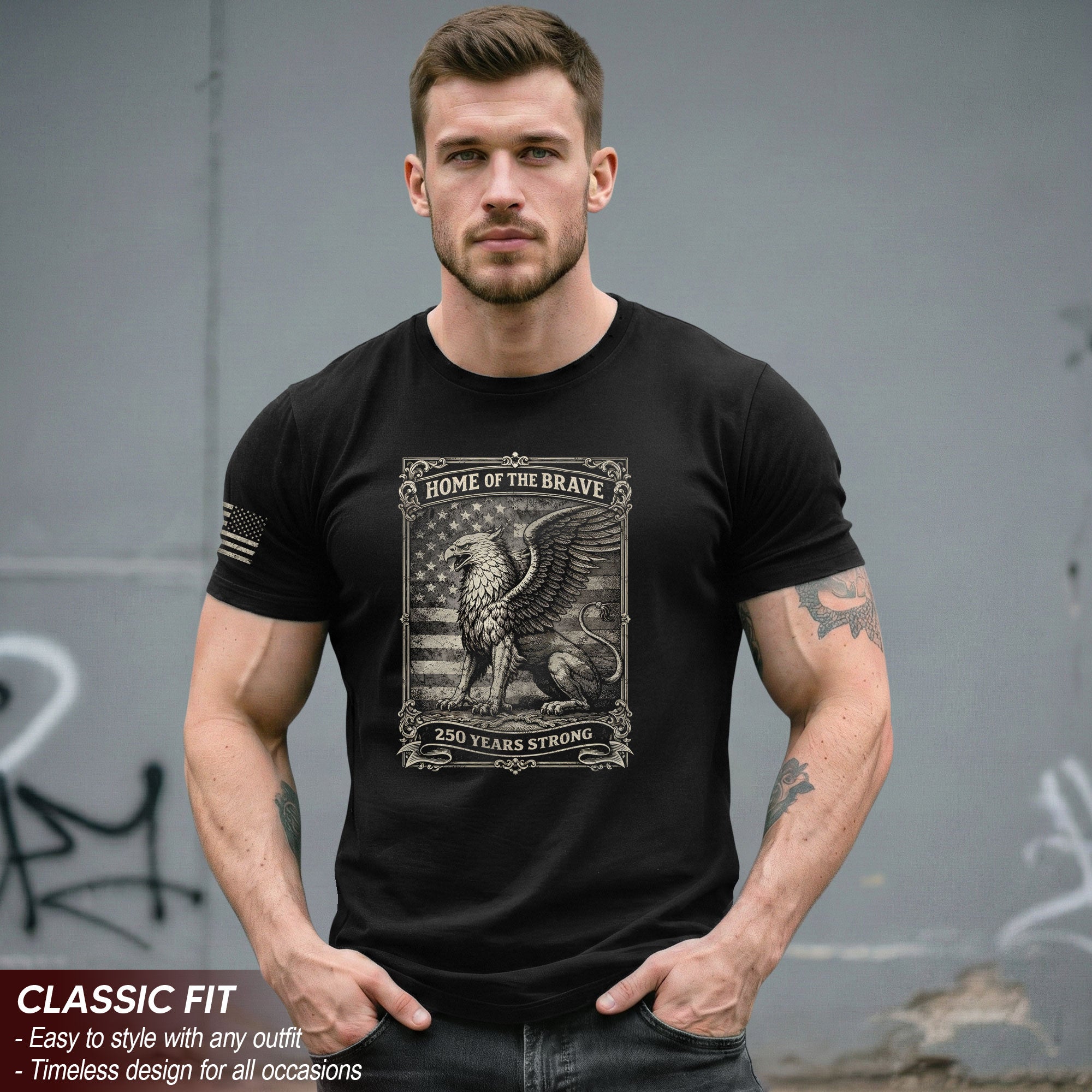 America 250th Anniversary 1776-2026 Semiquincentennial T-Shirt – Home of the Brave 250 Years Strong Griffin & Flag Patriotic Tee