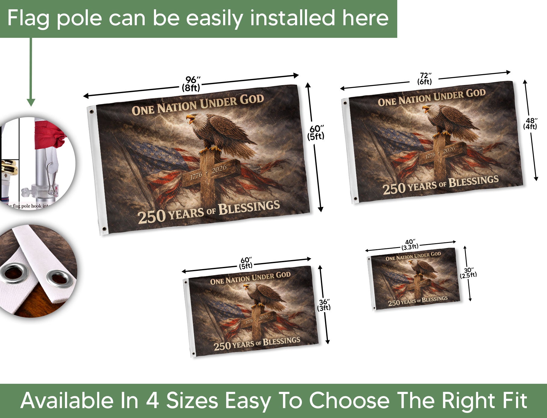 USA 250th Anniversary 1776-2026 Semiquincentennial Double-Sided House Flag – One Nation Under God 250 Years of Blessings Eagle Cross Decor