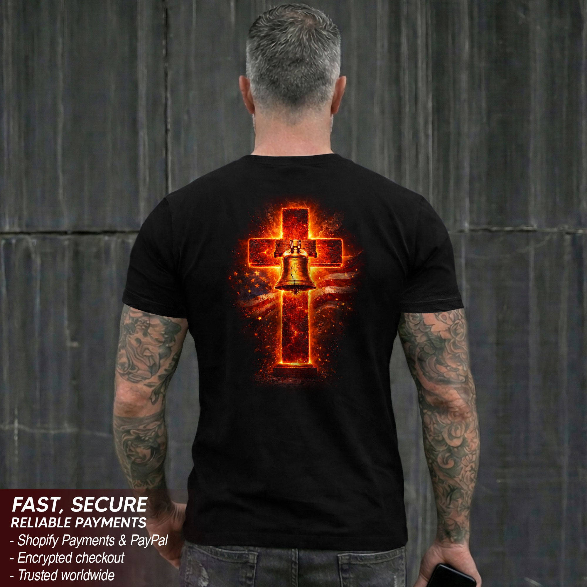 USA 250th Anniversary 1776-2026 Semiquincentennial T-Shirt – Fire Cross Liberty Bell Faith and Freedom Patriotic America 250 Tee