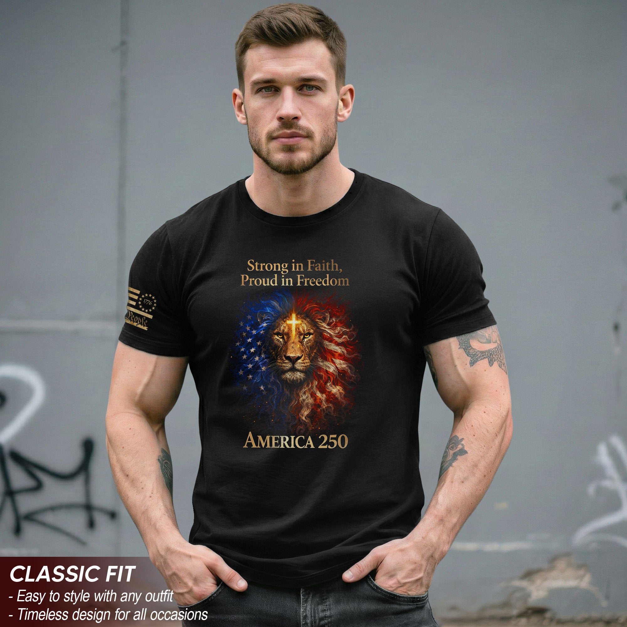 America 250th Anniversary 1776-2026 Semiquincentennial T-Shirt – Strong in Faith Proud in Freedom Lion Cross Patriotic Tee