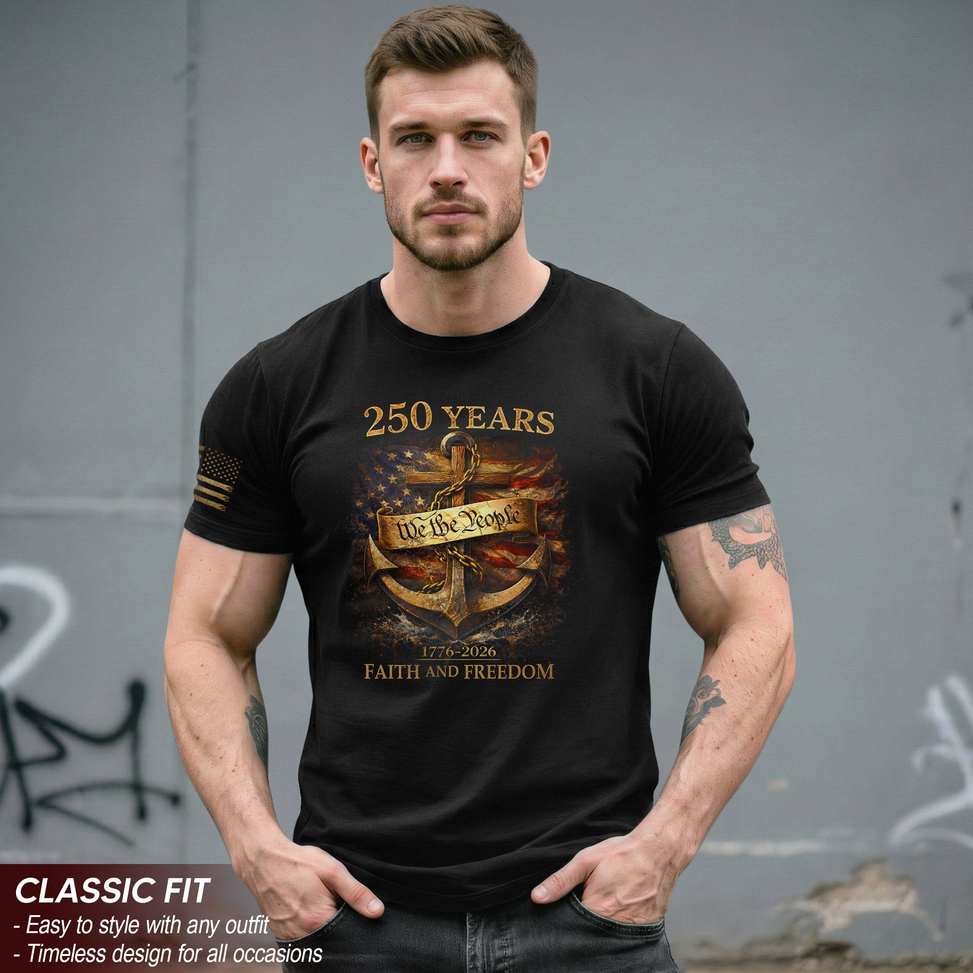 America 250th Anniversary 1776-2026 Semiquincentennial T-Shirt – We The People Anchor of Faith and Freedom Liberty Bell Cross Patriotic Tee