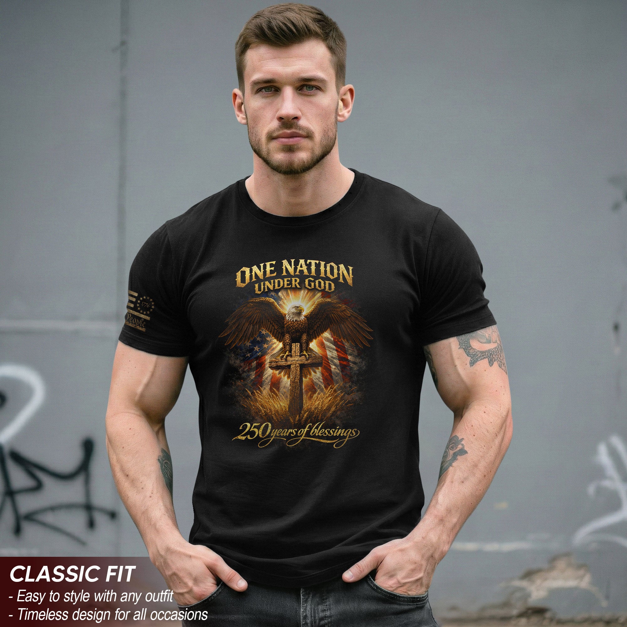 America 250th Anniversary 1776-2026 Shirt – One Nation Under God Eagle on Cross Christian Patriotic Semiquincentennial Tee