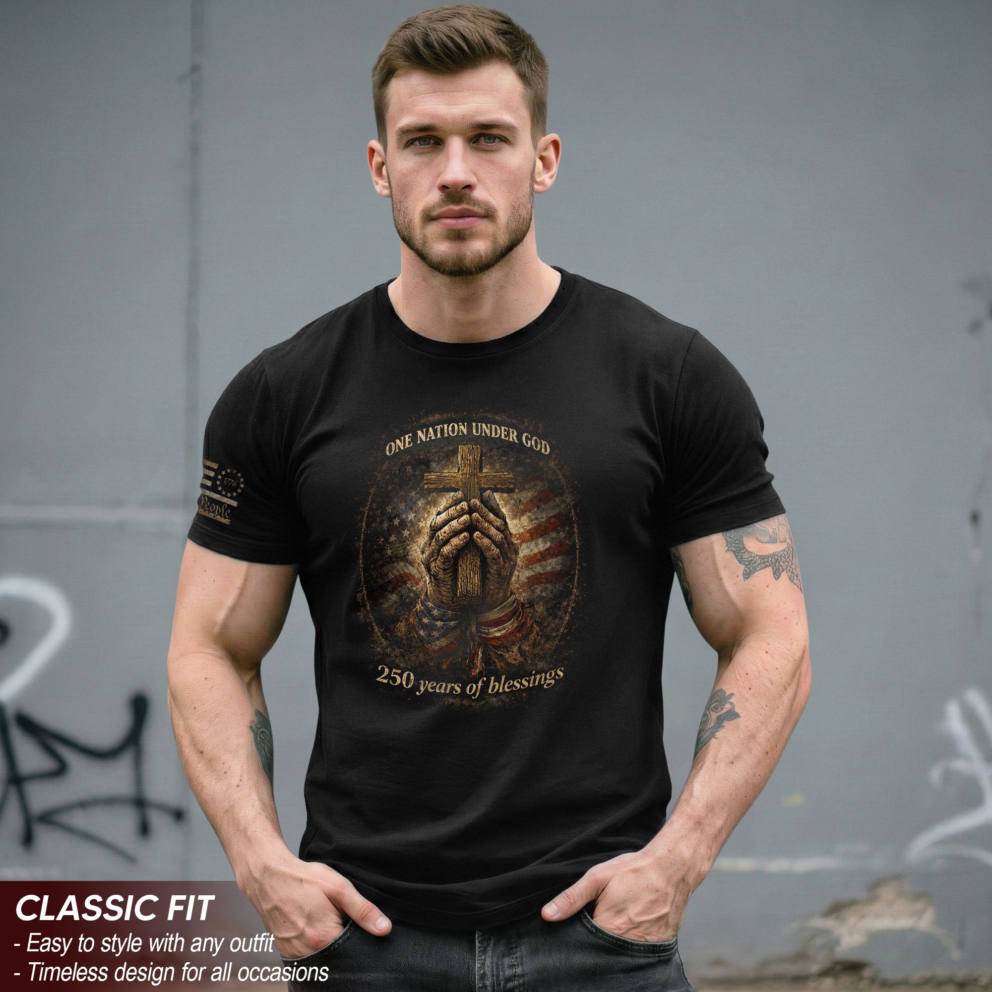 America 250th Anniversary 1776-2026 Shirt – 250 Years of Blessings, Praying Hands & Cross Christian Patriotic Semiquincentennial Tee