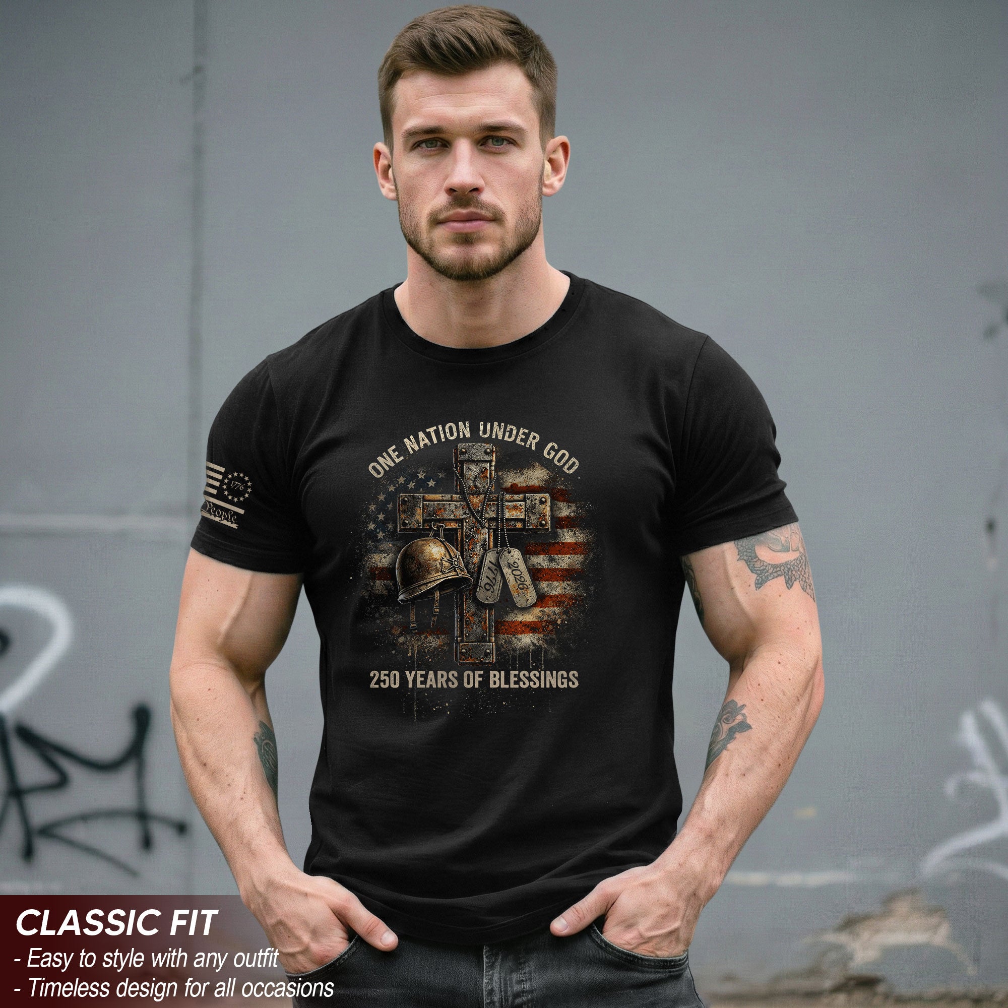 America 250th Anniversary T-Shirt 1776-2026 – Veteran Christian Cross & Dog Tags Tee