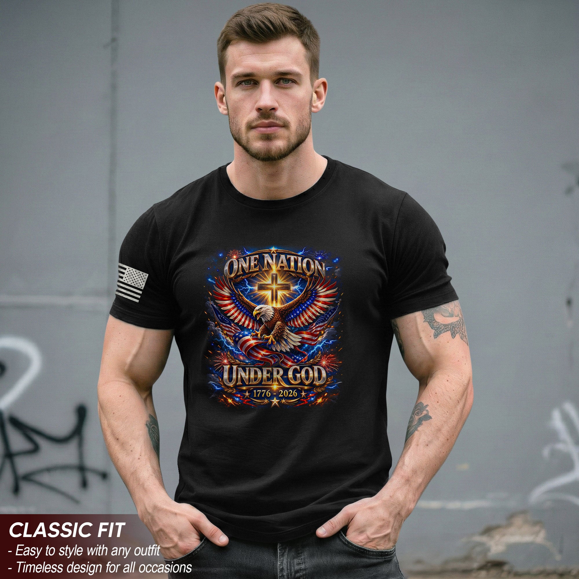 America 250th Anniversary 1776-2026 T-Shirt – USA Eagle & Cross Flag One Nation Under God 250 Years of Faith Patriotic Bootleg Shirt
