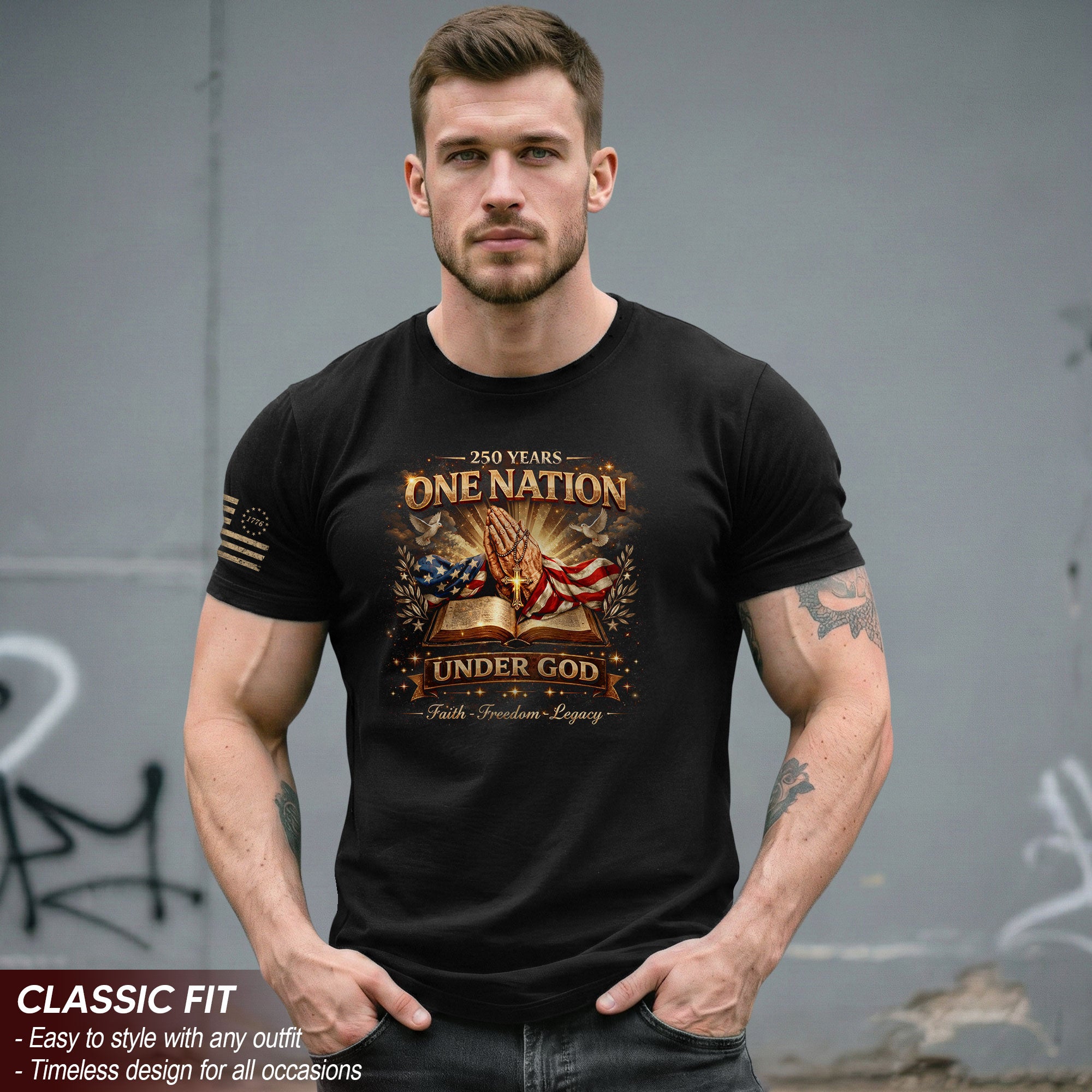 One Nation Under God 250th Birthday of America 1776-2026 T-Shirt – Faith Freedom Legacy Praying Hands Patriotic Merchandise